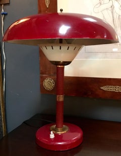 Arredoluce Attributed Table Lamp 1950s Whit Original Red Leather