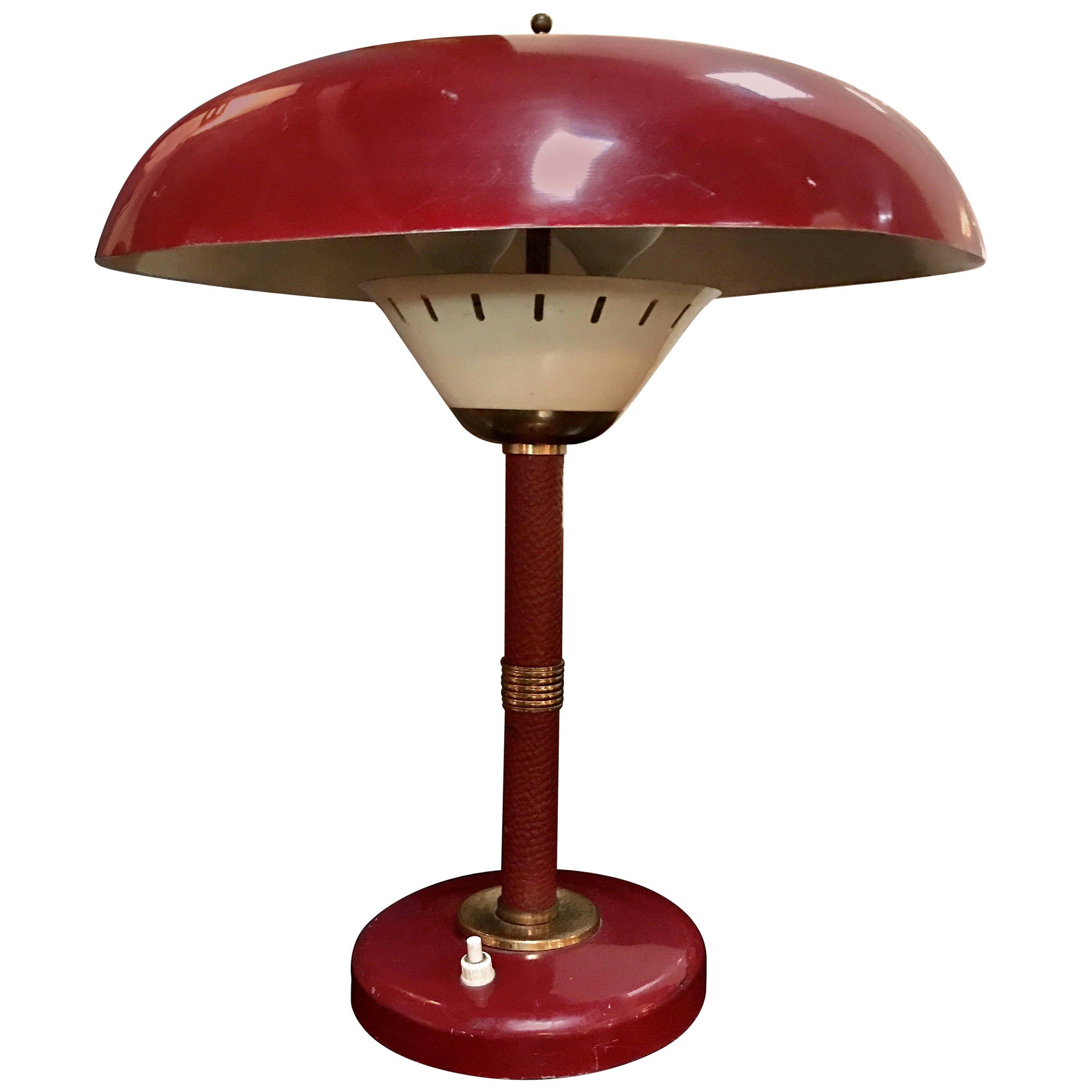 Arredoluce Attributed Table Lamp 1950s Whit Original Red Leather