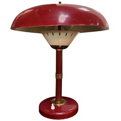 Vintage Arredoluce Attributed Table Lamp 1950s Whit Original Red Leather