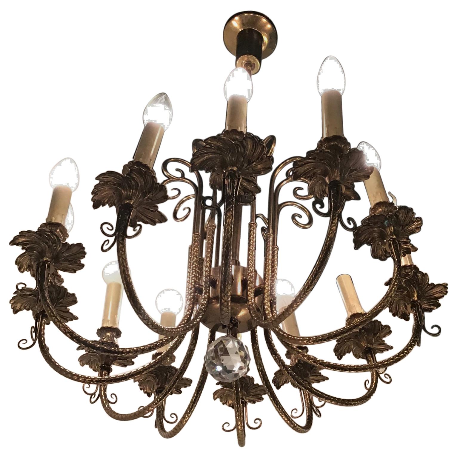 Arredoluce Chandelier 12 Lights 1950 Brass, Italy For Sale