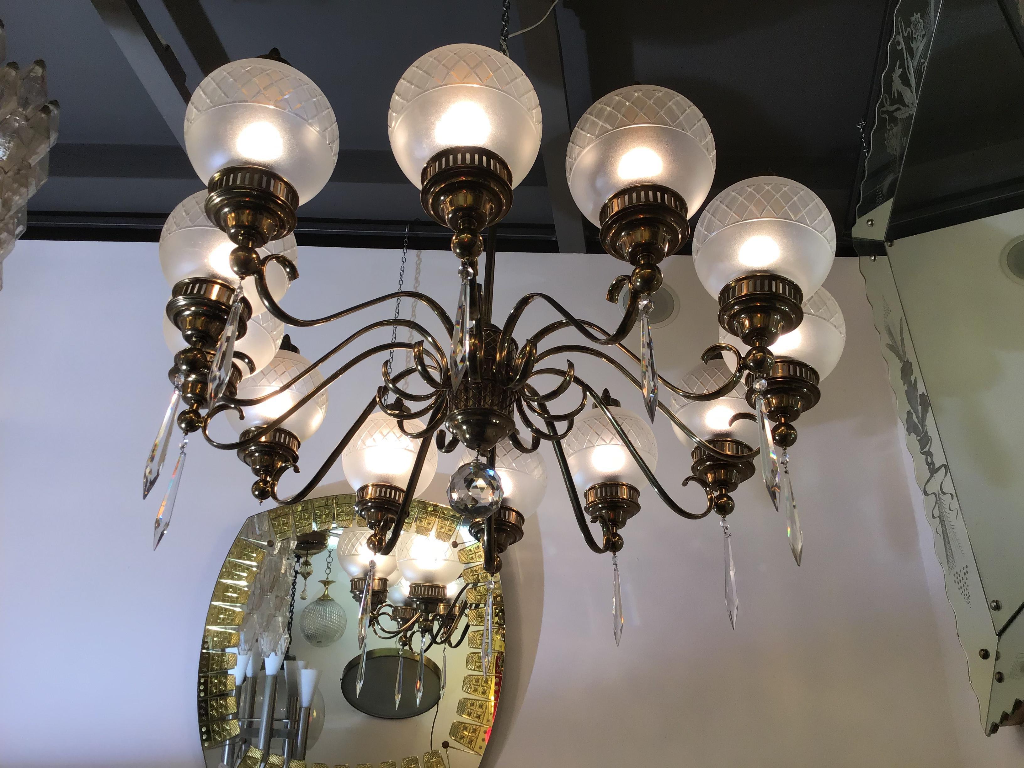 Arredoluce Chandelier Brass Crystal Twelve Lights, 1950 4