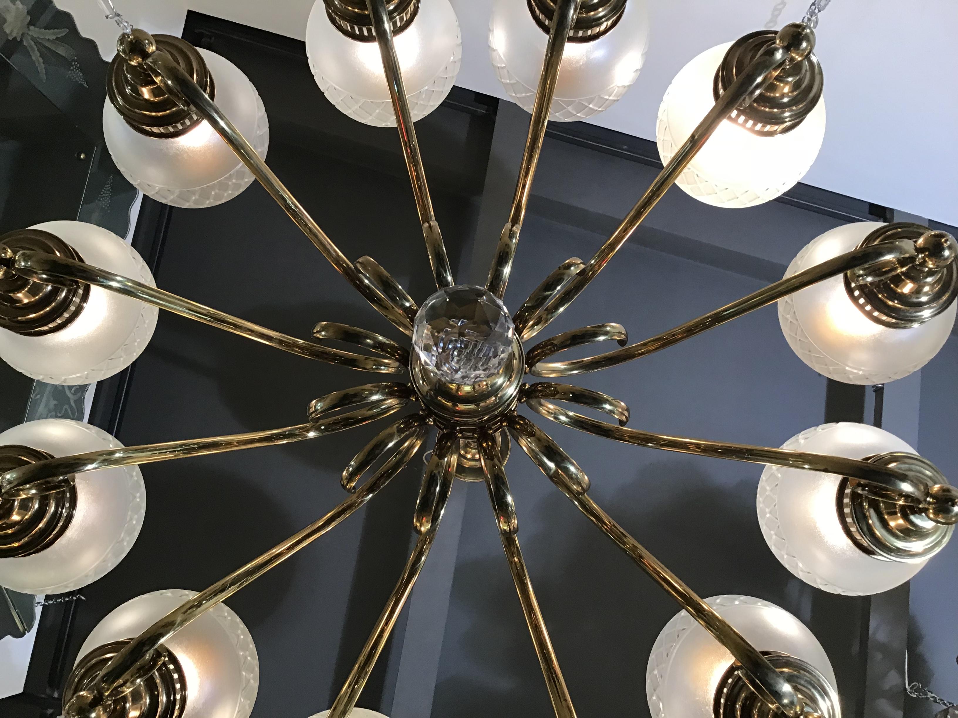 Arredoluce Chandelier Brass Crystal Twelve Lights, 1950 7