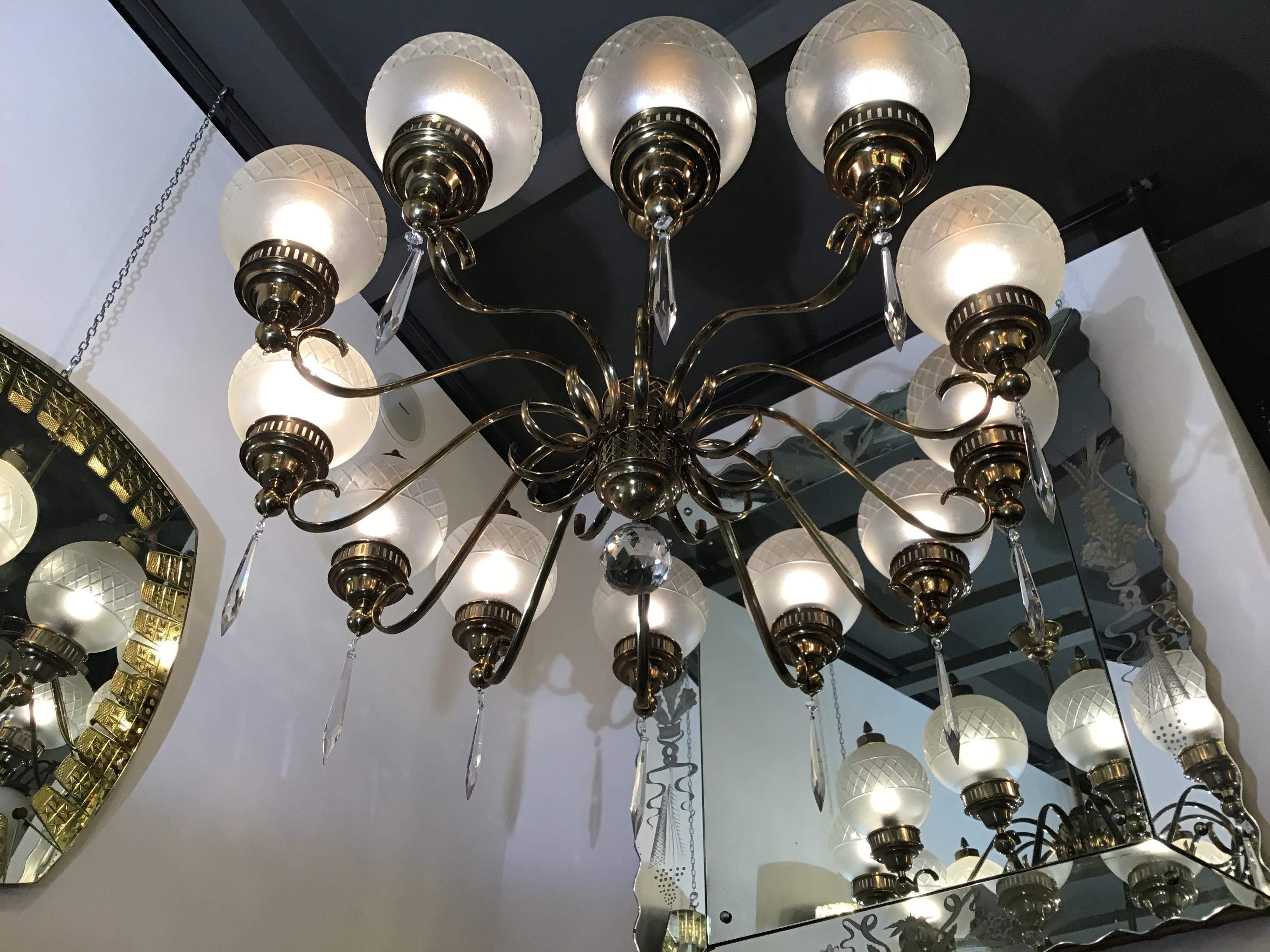 Mid-20th Century Arredoluce Chandelier Brass Crystal Twelve Lights, 1950