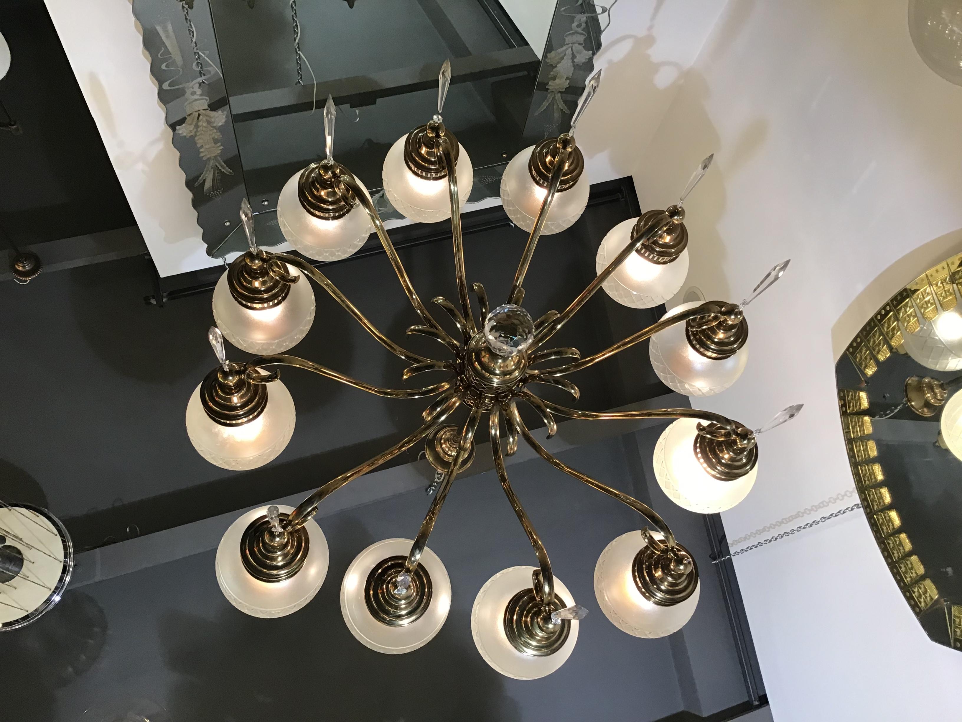 Arredoluce Chandelier Brass Crystal Twelve Lights, 1950 2