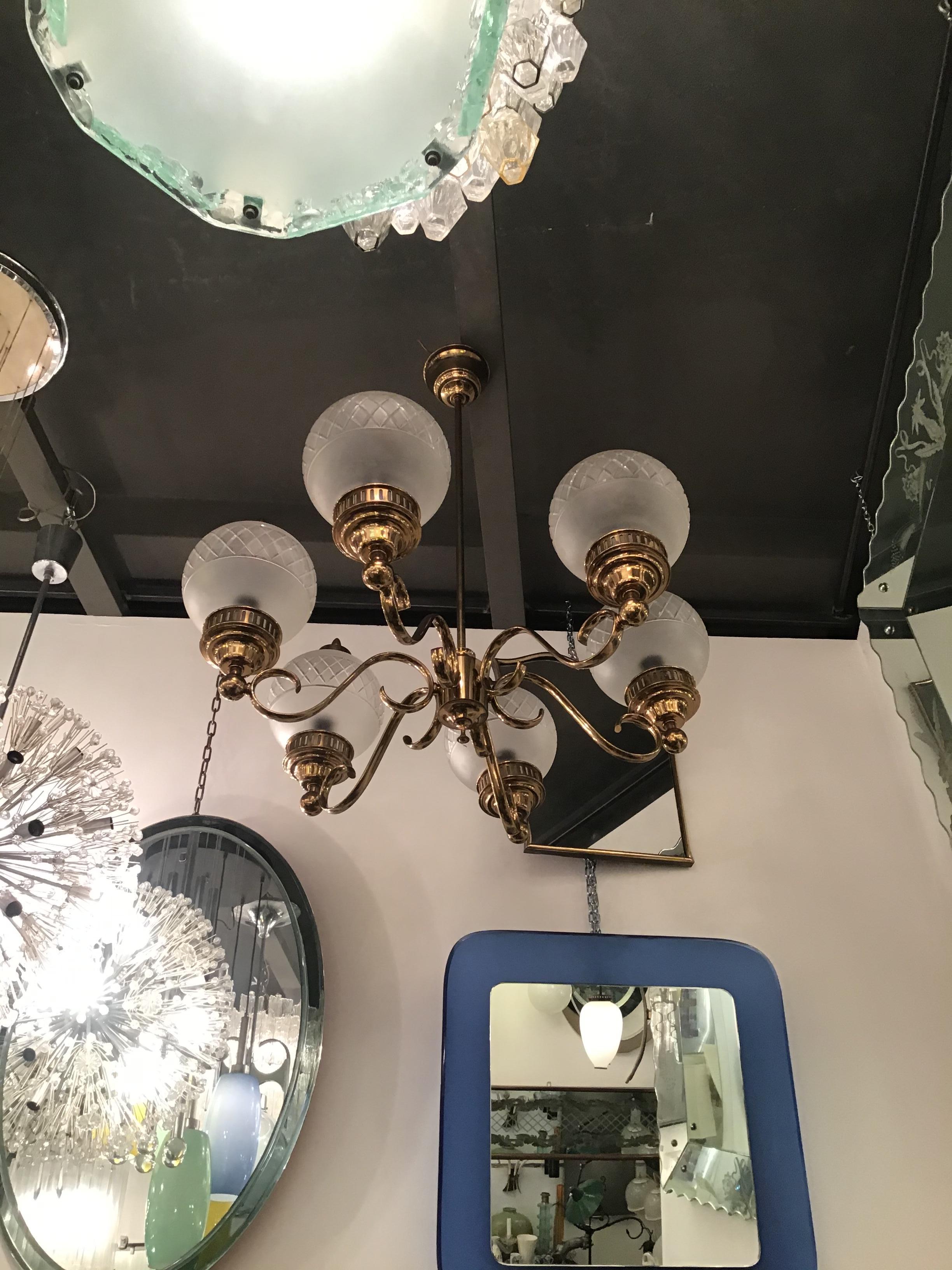 Other Arredoluce Chandelier Brass Glass 1950 Italy For Sale