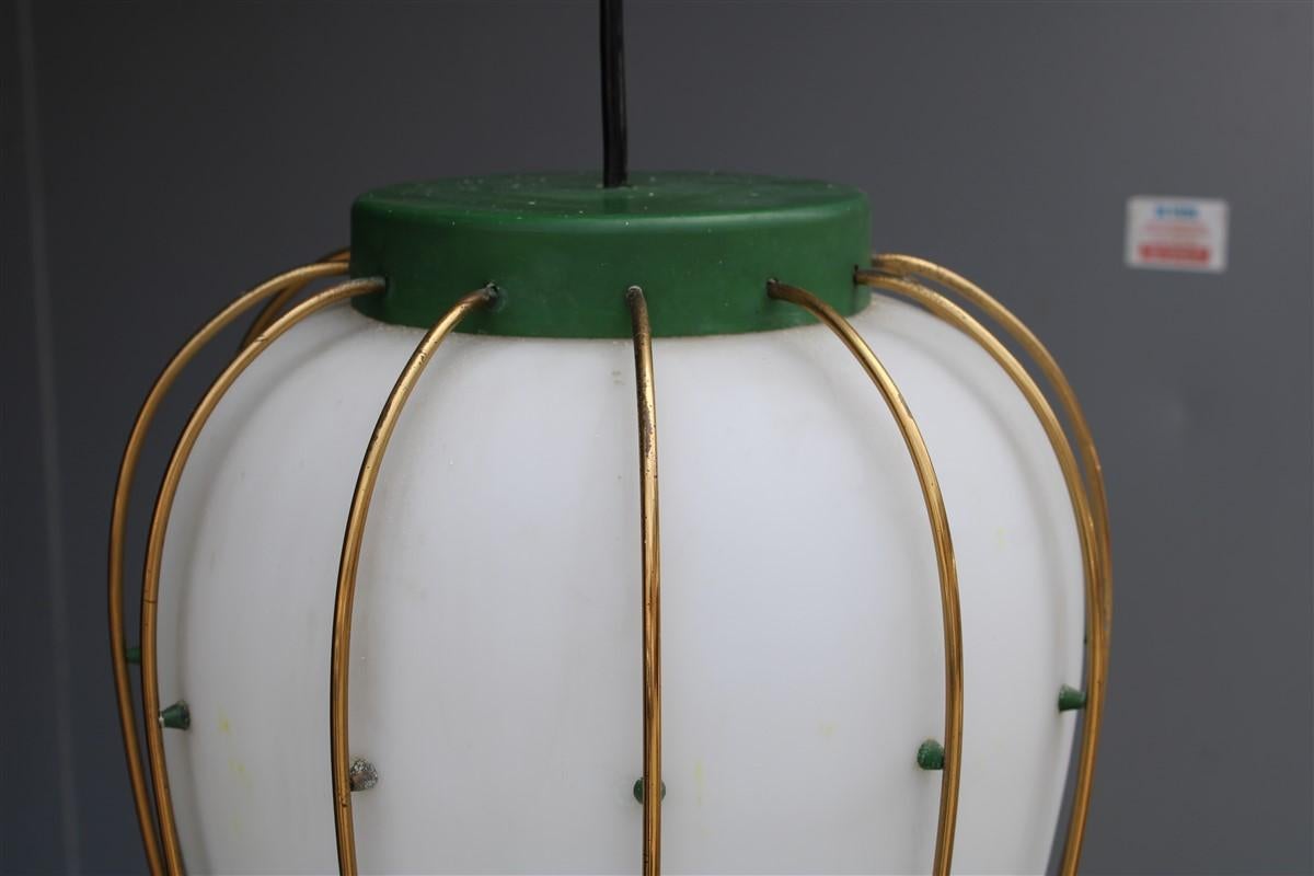 Mid-20th Century Arredoluce Chandelier Italian Mid-Century Design Green Brass Gold White Glass