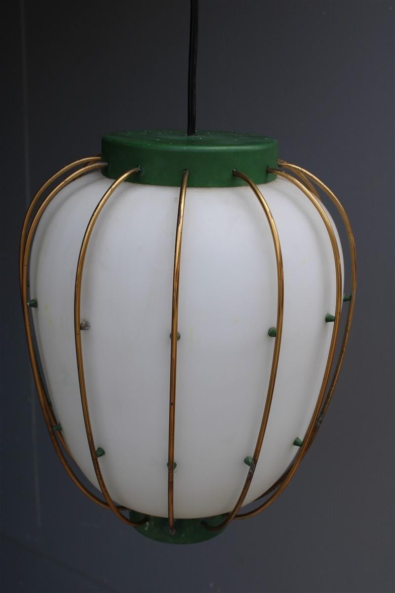 Arredoluce Chandelier Italian Mid-Century Design Green Brass Gold White Glass 1