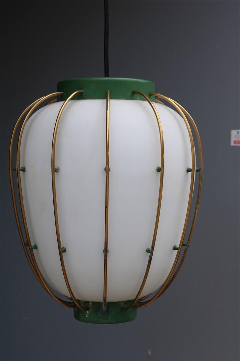 Arredoluce Chandelier Italian Mid-Century Design Green Brass Gold White Glass 2
