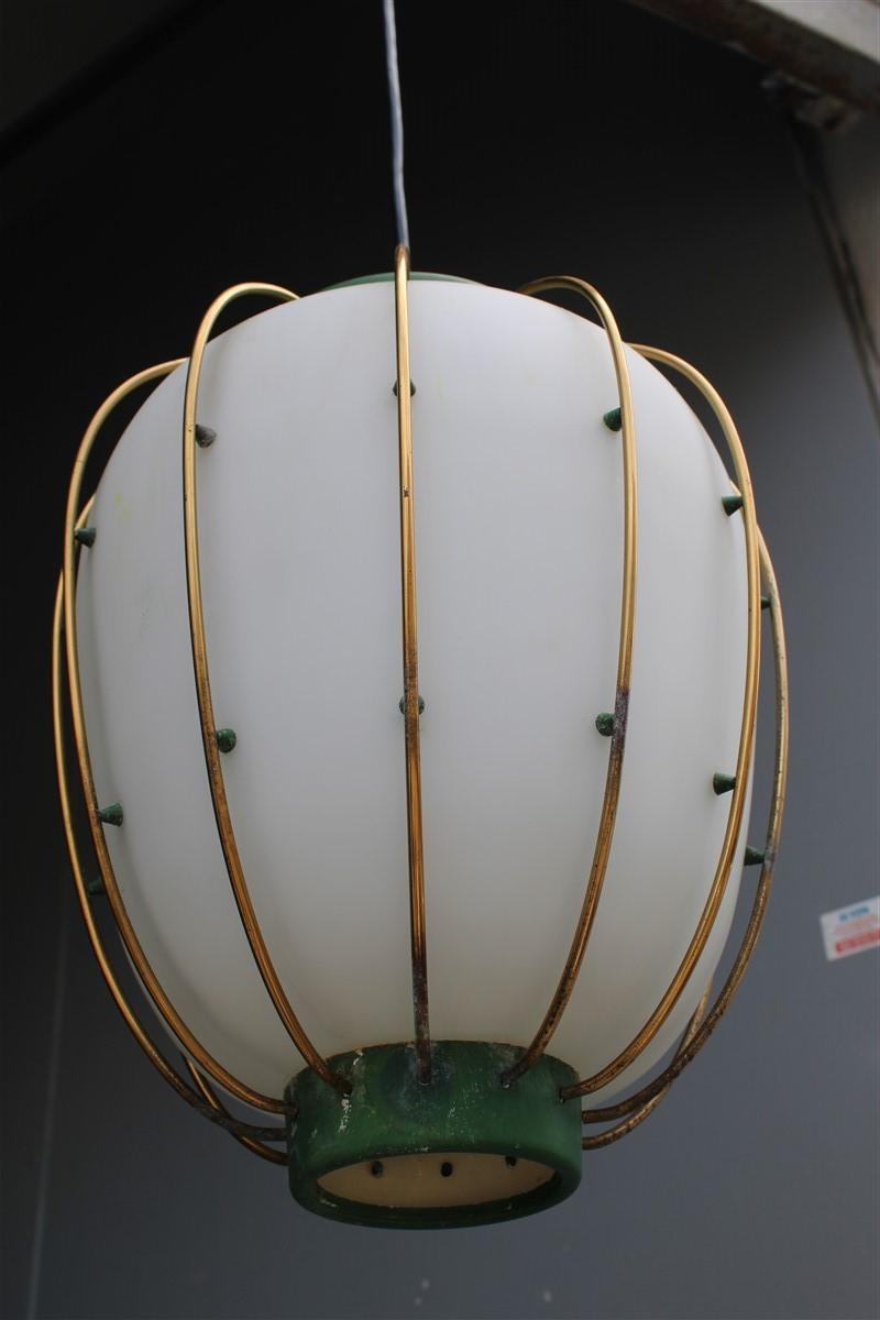 Arredoluce Chandelier Italian Mid-Century Design Green Brass Gold White Glass 4