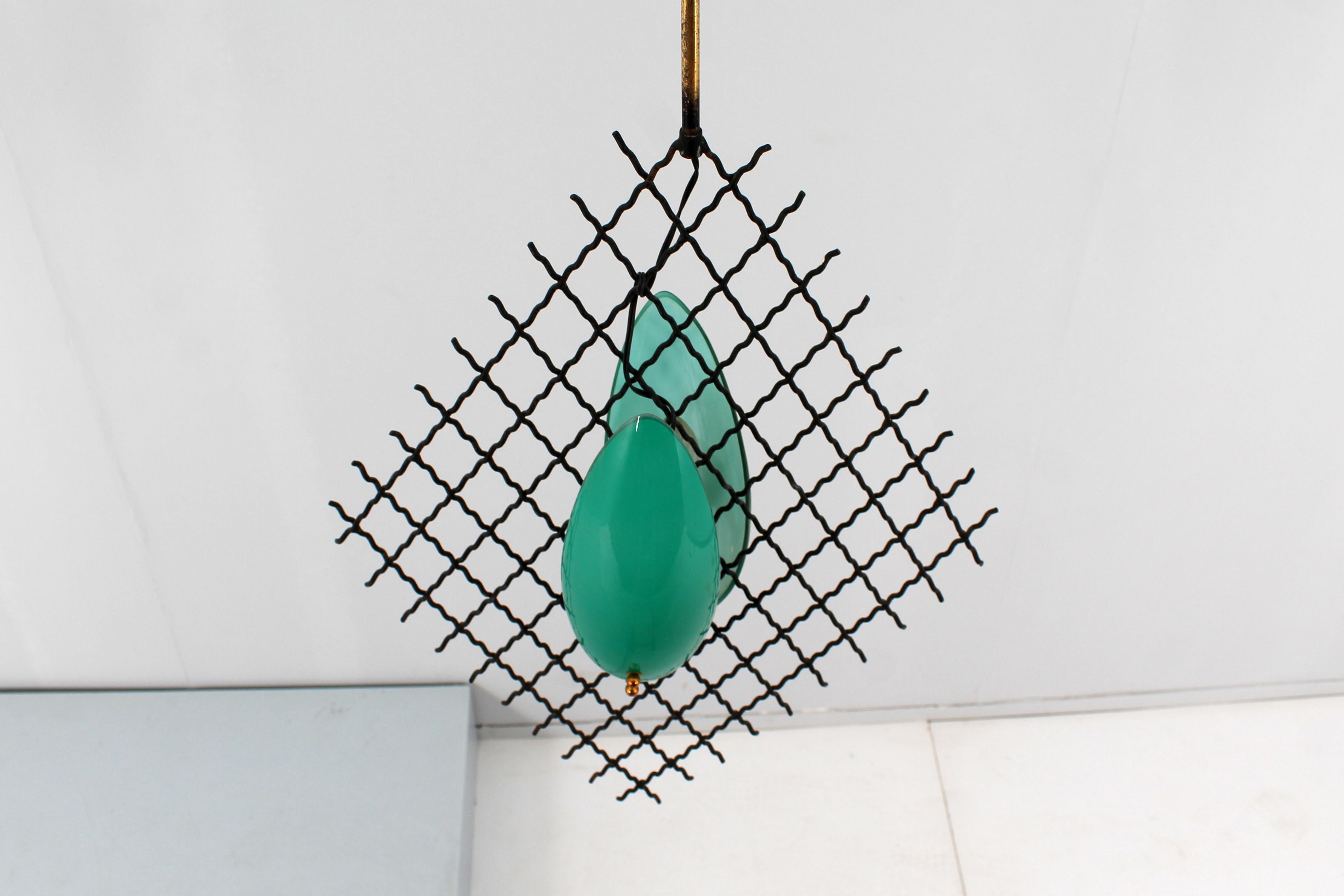 Arredoluce Green Murano Glass and Metal Crosslinked Chandelier 60s Italy For Sale 4