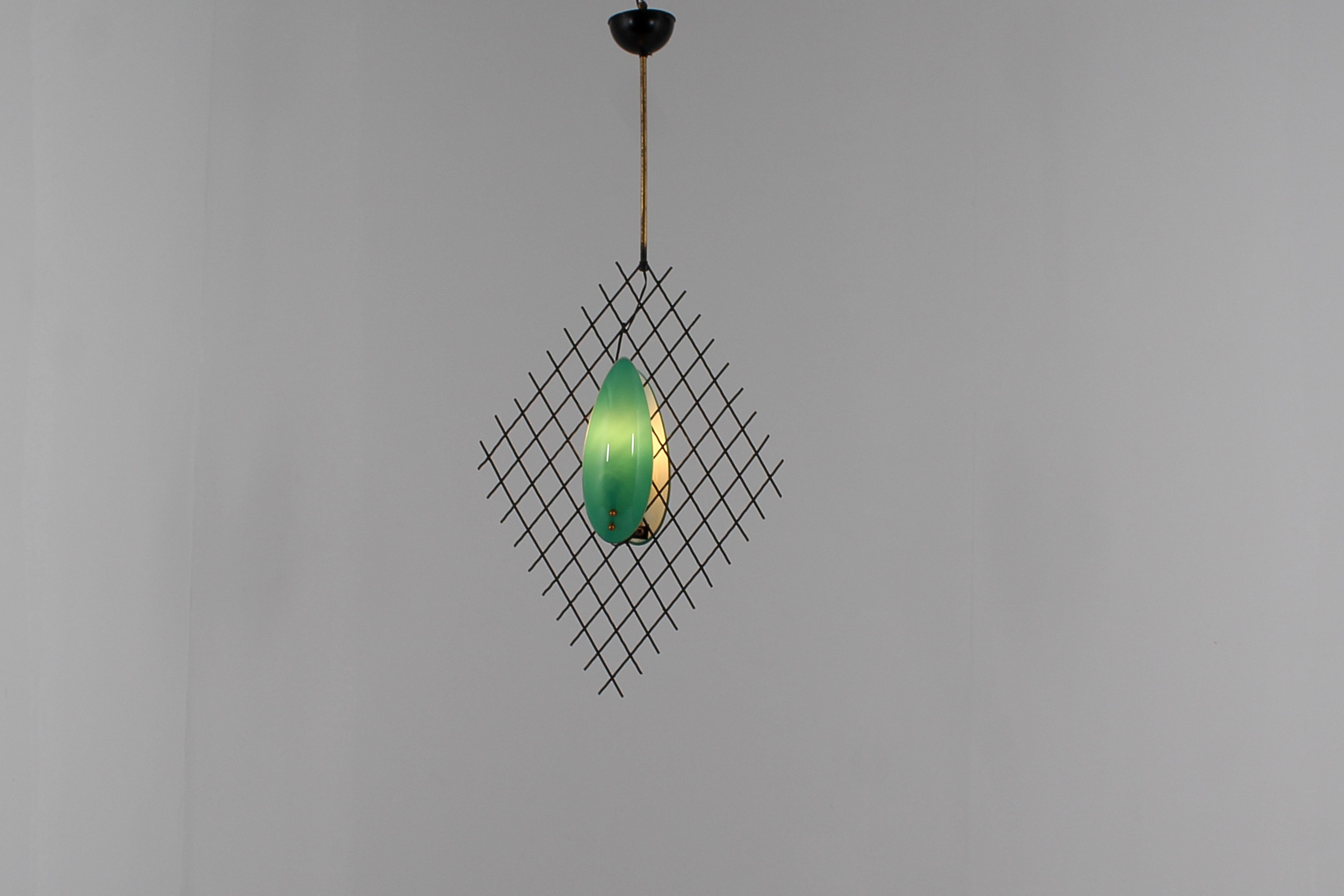 Arredoluce Green Murano Glass and Metal Crosslinked Chandelier 60s Italy For Sale 7