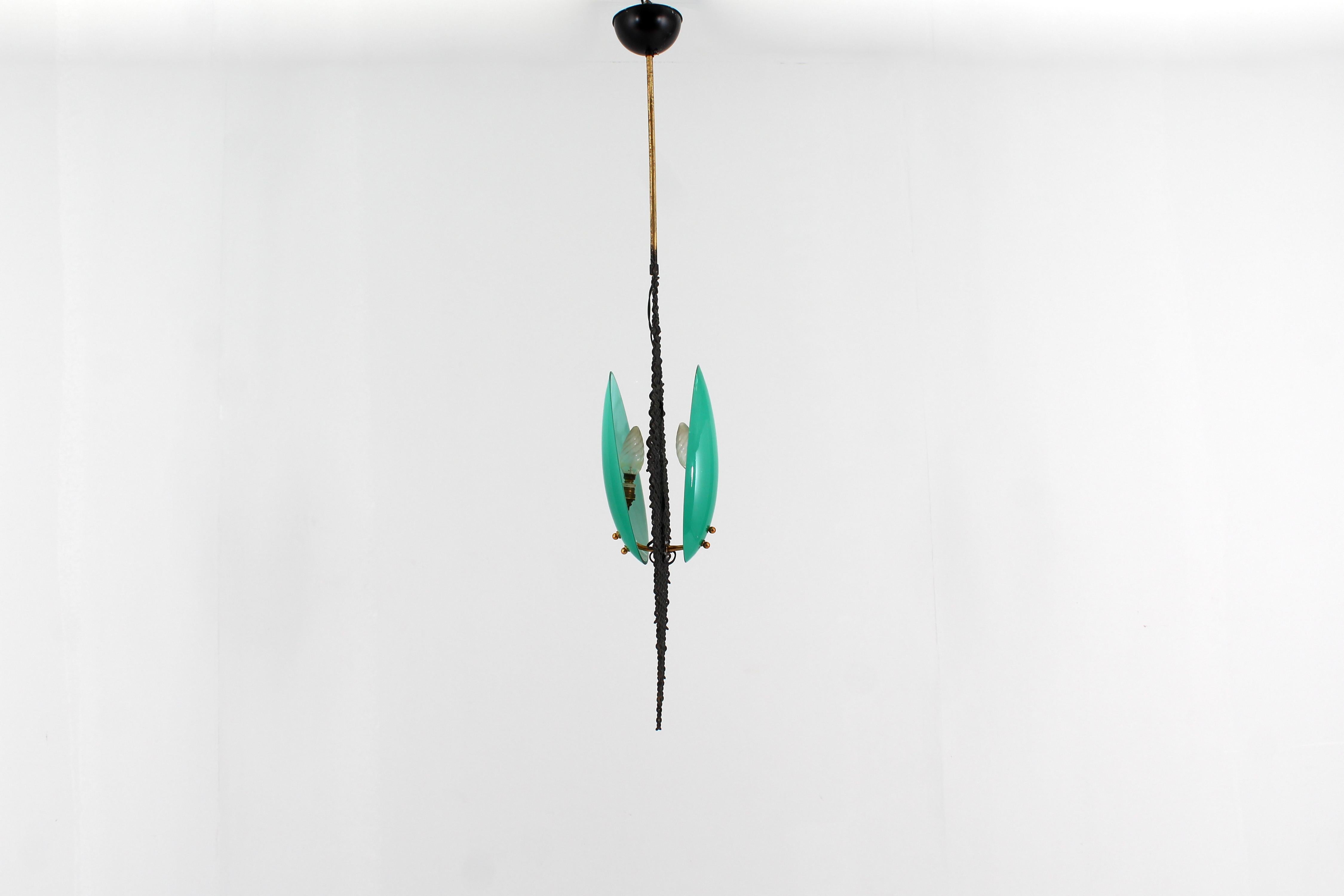 Arredoluce Green Murano Glass and Metal Crosslinked Chandelier 60s Italy In Good Condition For Sale In Palermo, IT