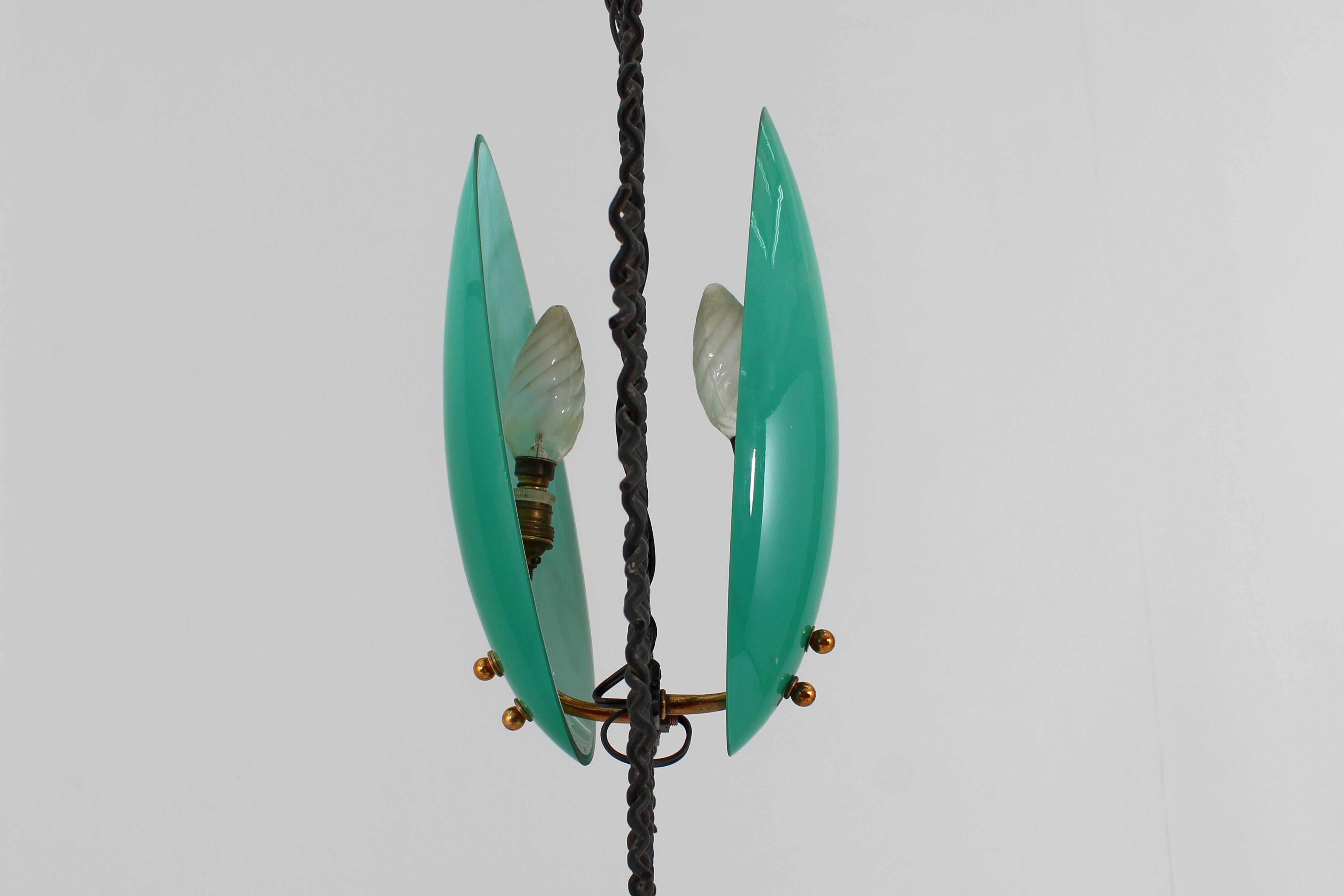 Mid-20th Century Arredoluce Green Murano Glass and Metal Crosslinked Chandelier 60s Italy For Sale