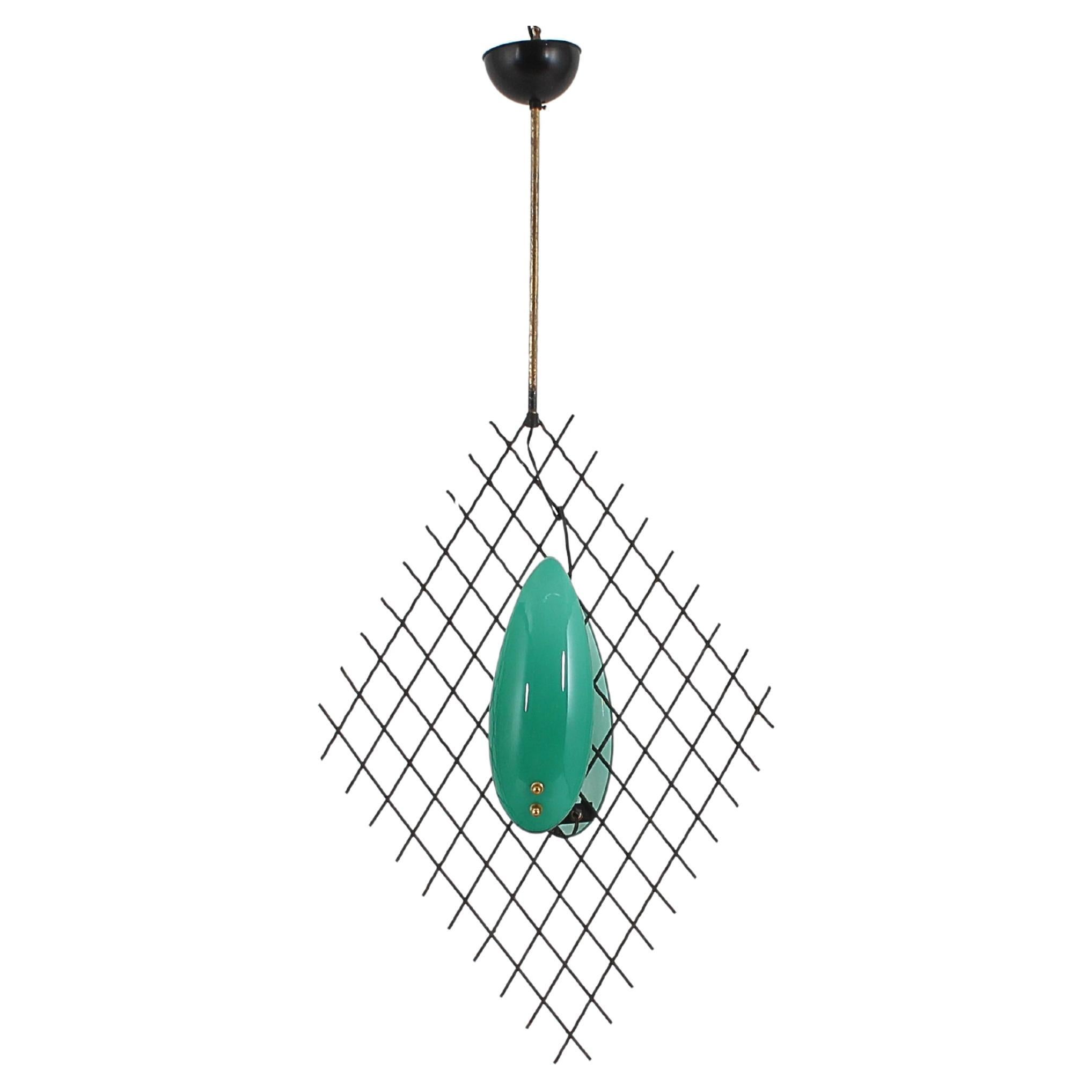 Arredoluce Green Murano Glass and Metal Crosslinked Chandelier 60s Italy For Sale