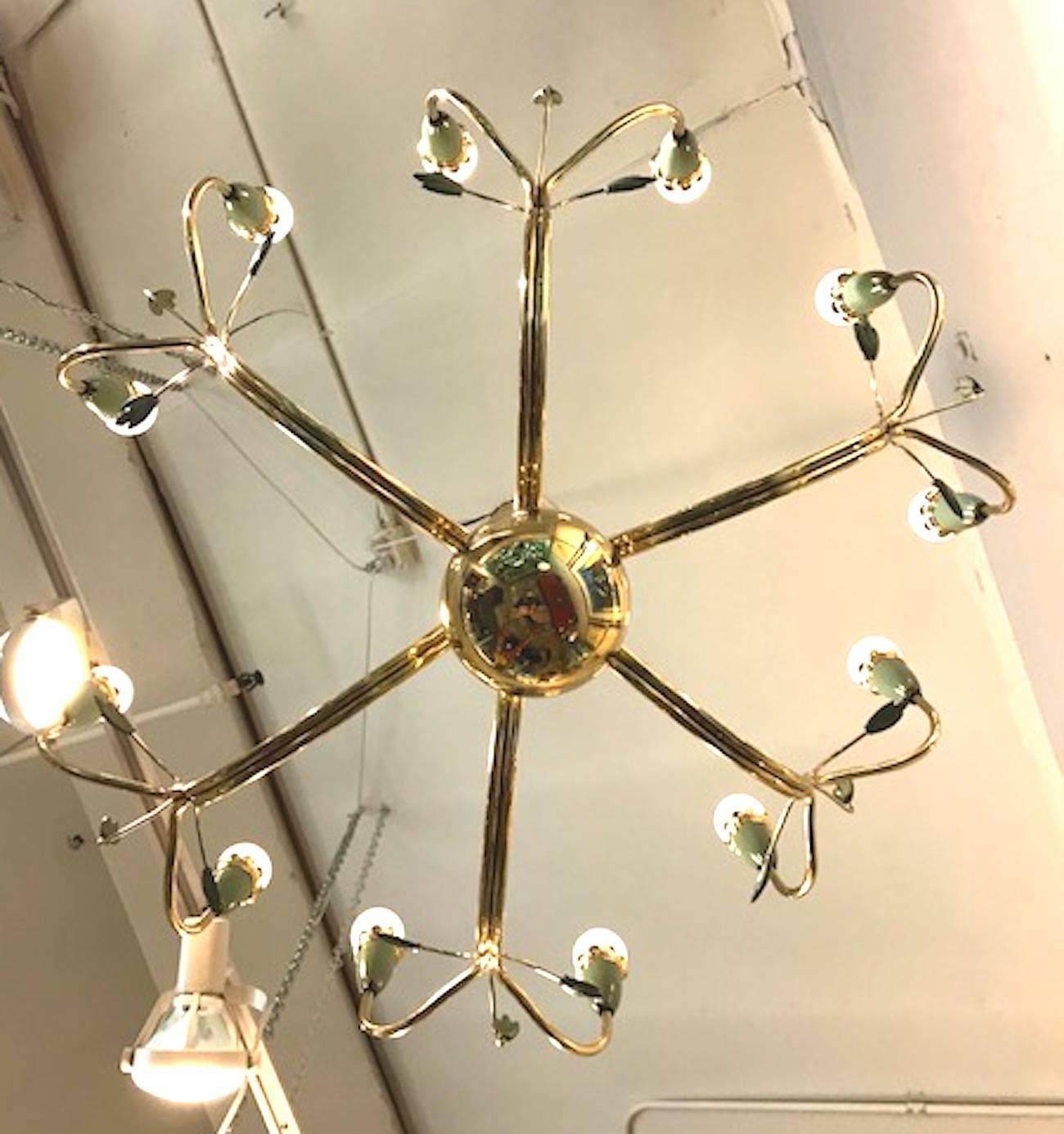 Mid-20th Century Arredoluce Italian 1950s Brass and Green Enamel Chandelier by Angelo Lelli