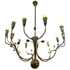 Arredoluce Italian 1950s Brass and Green Enamel Chandelier by Angelo Lelli