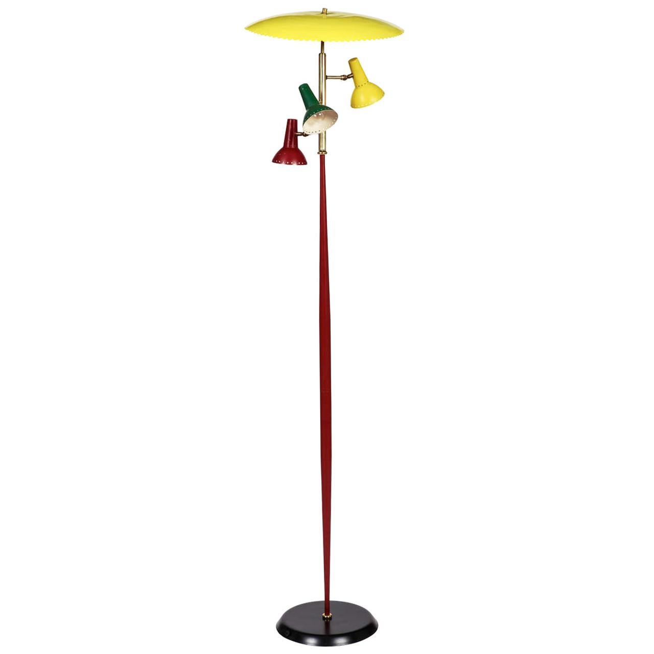 Arredoluce Midcentury Colored Metal and Brass Italian Floor Lamp, 1950s