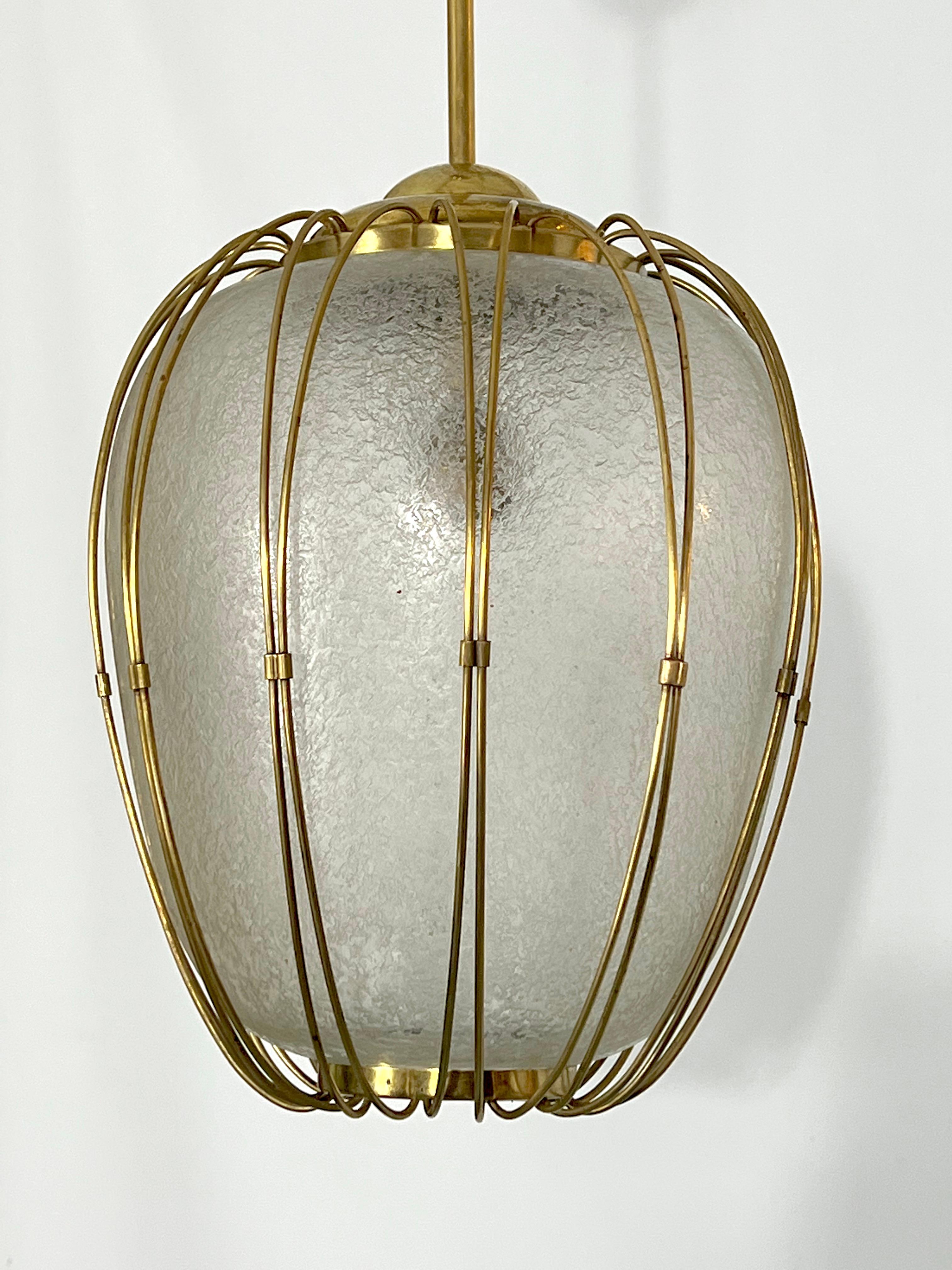 Arredoluce Monza, Brass and Etched Glass Chandelier from 50s 4