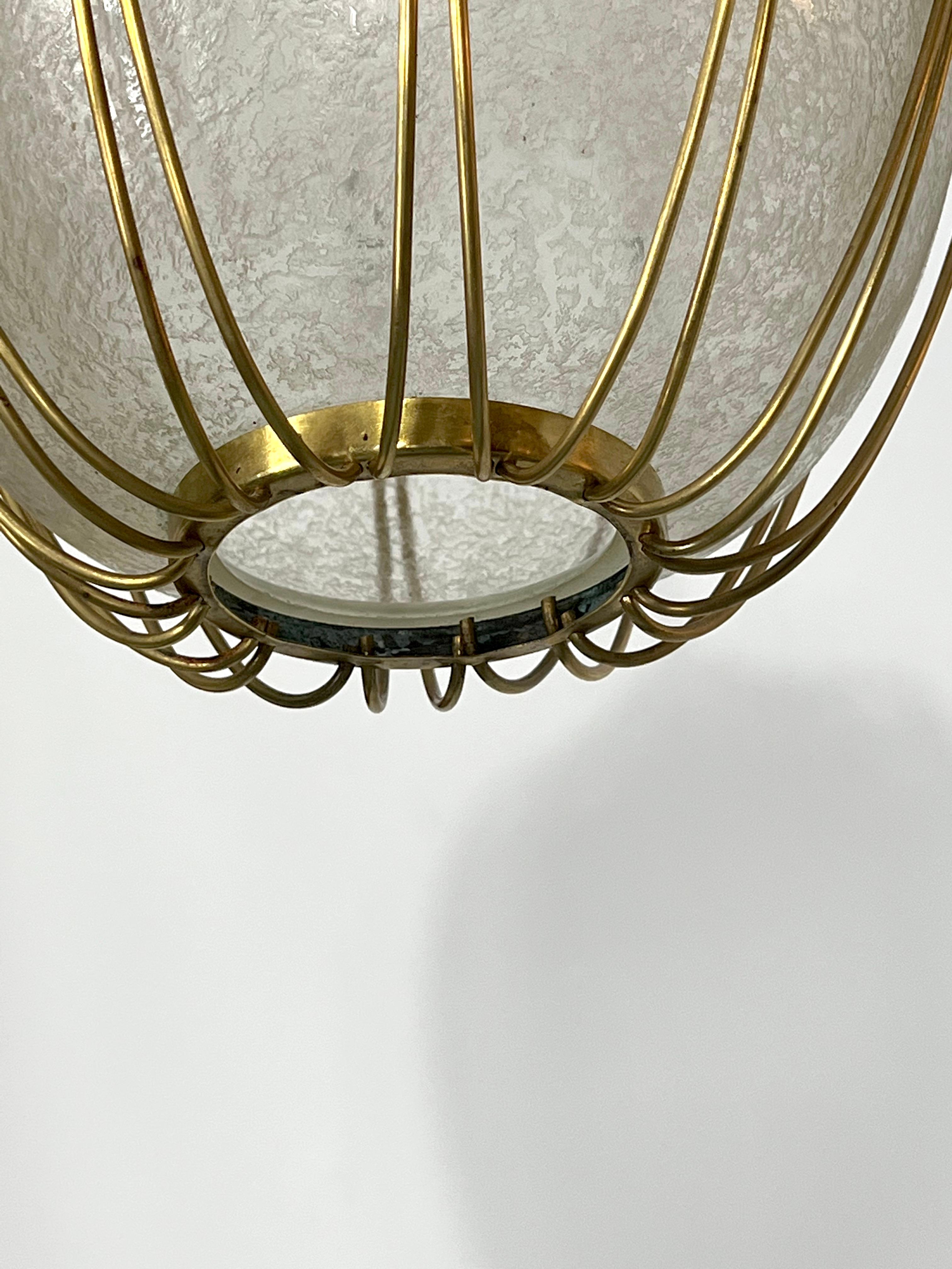 Arredoluce Monza, Brass and Etched Glass Chandelier from 50s 5