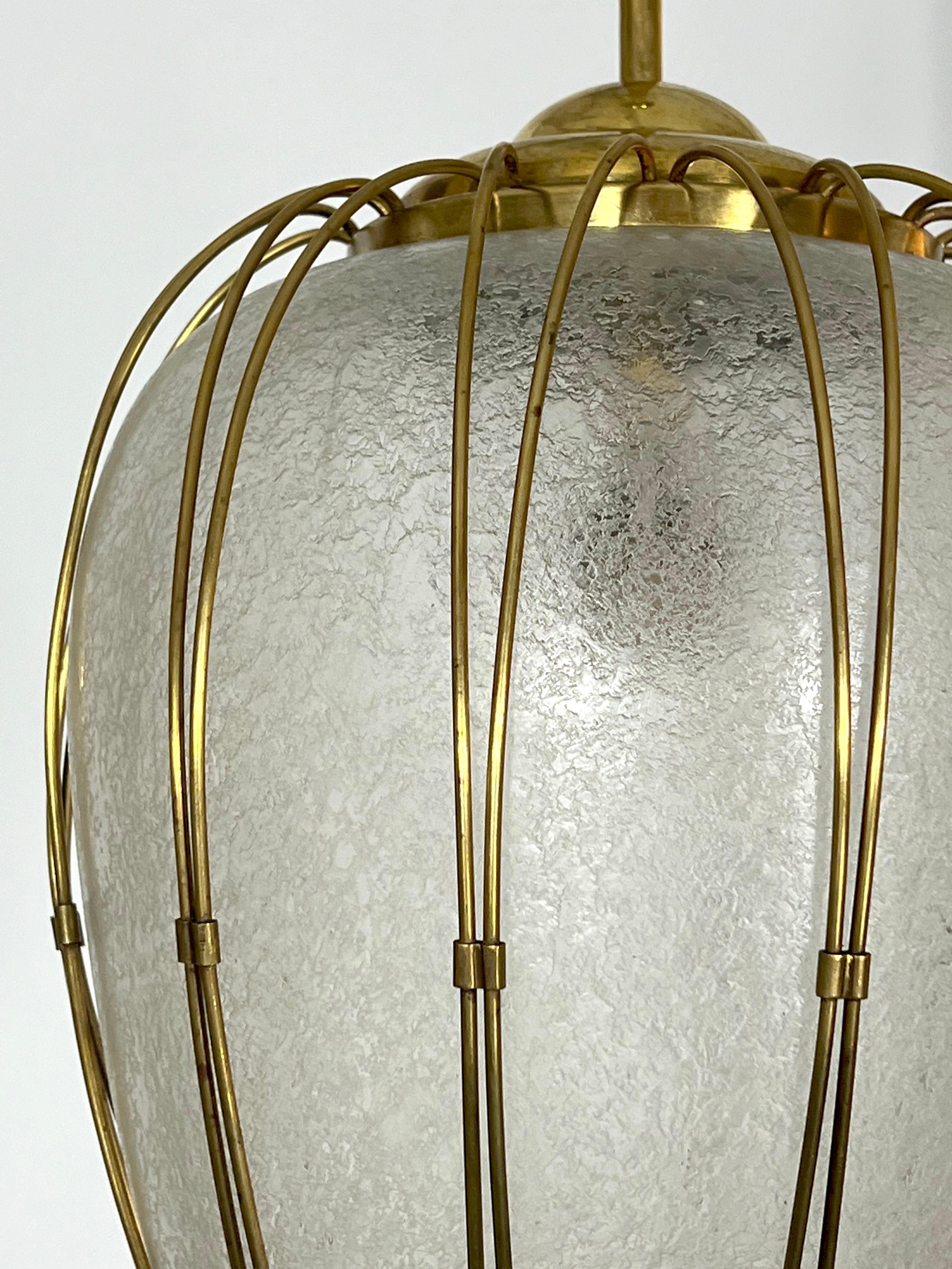 Arredoluce Monza, Brass and Etched Glass Chandelier from 50s 8