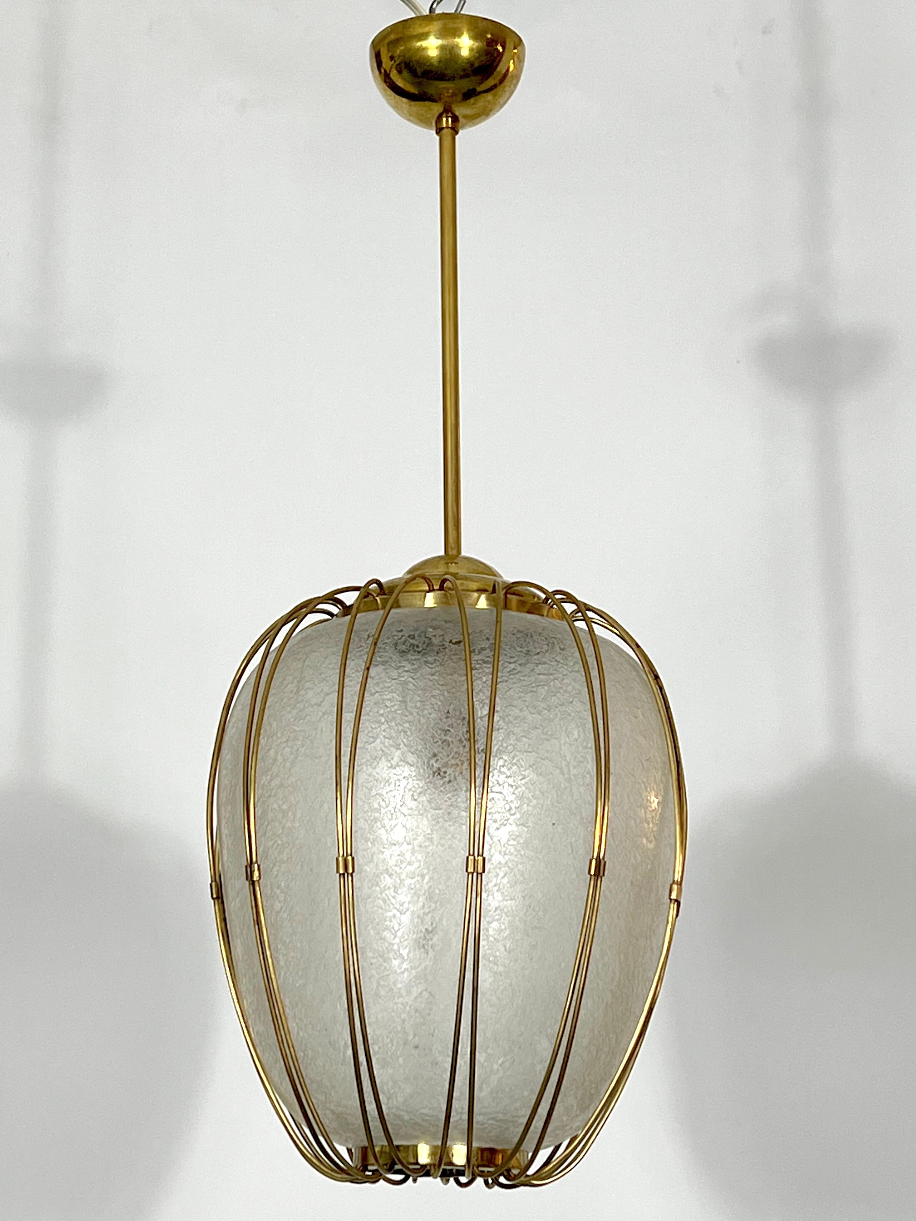 Mid-Century Modern Arredoluce Monza, Brass and Etched Glass Chandelier from 50s