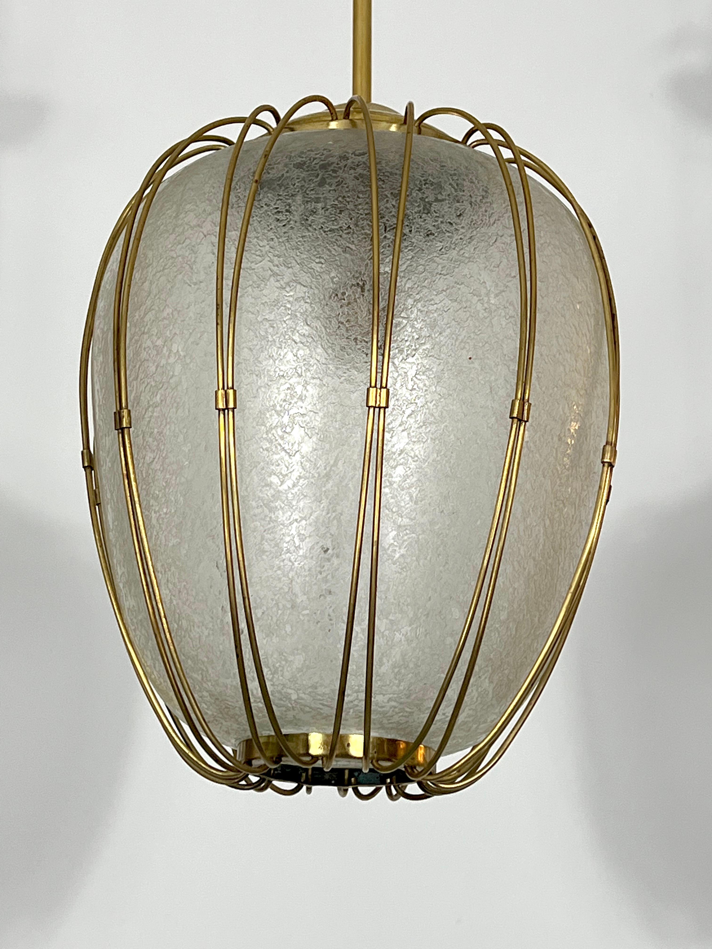 Italian Arredoluce Monza, Brass and Etched Glass Chandelier from 50s