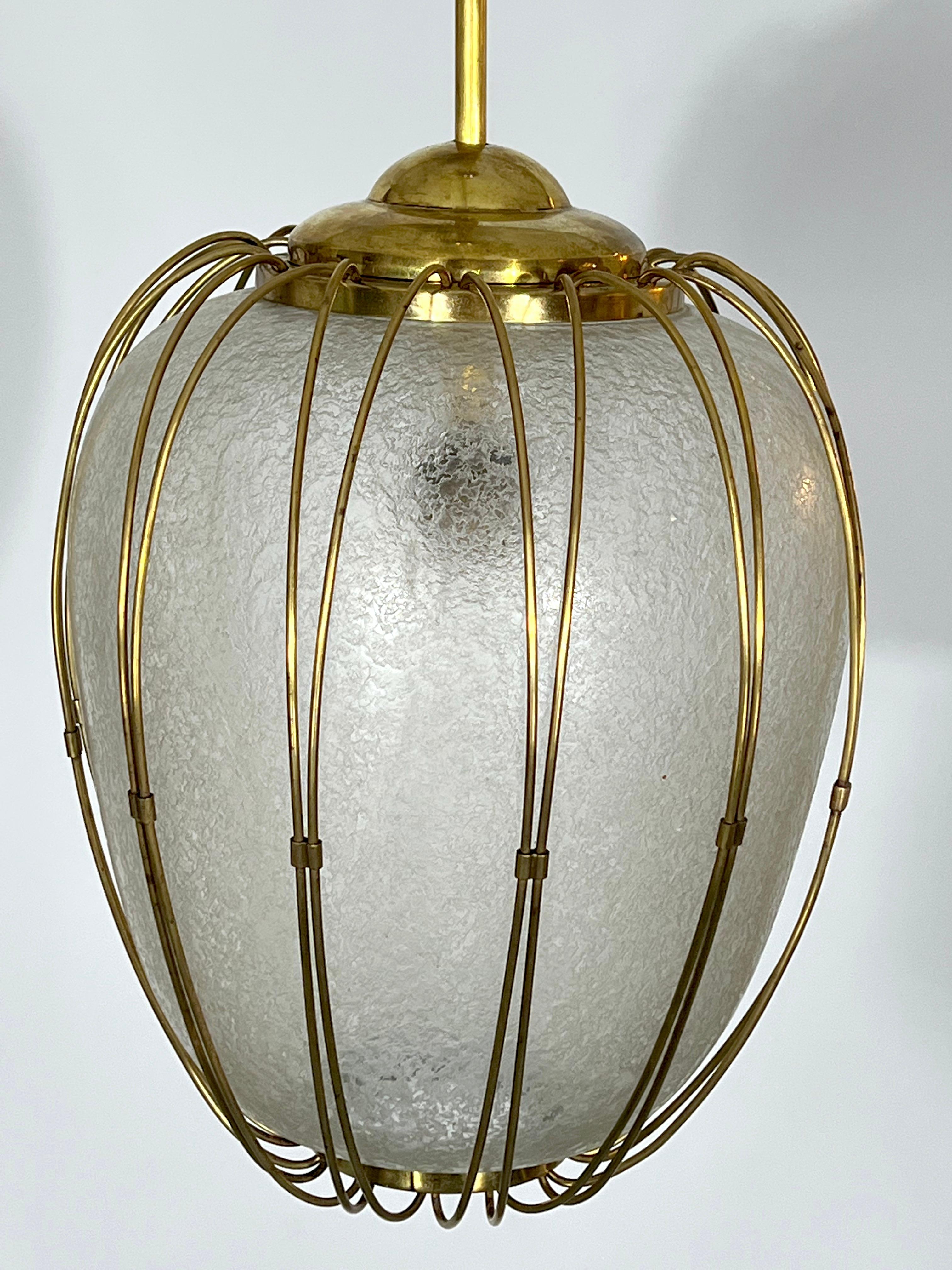 20th Century Arredoluce Monza, Brass and Etched Glass Chandelier from 50s