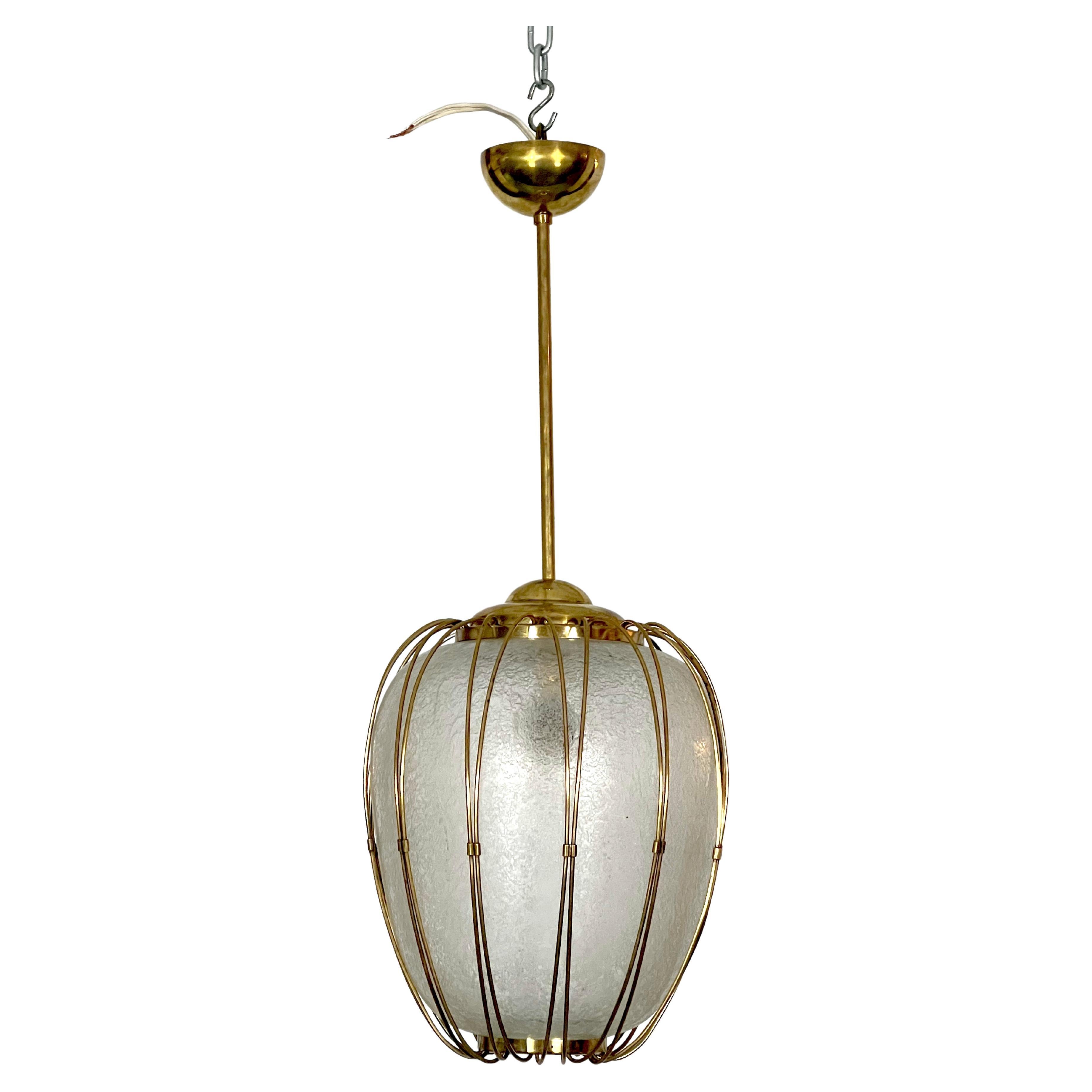 Arredoluce Monza, Brass and Etched Glass Chandelier from 50s