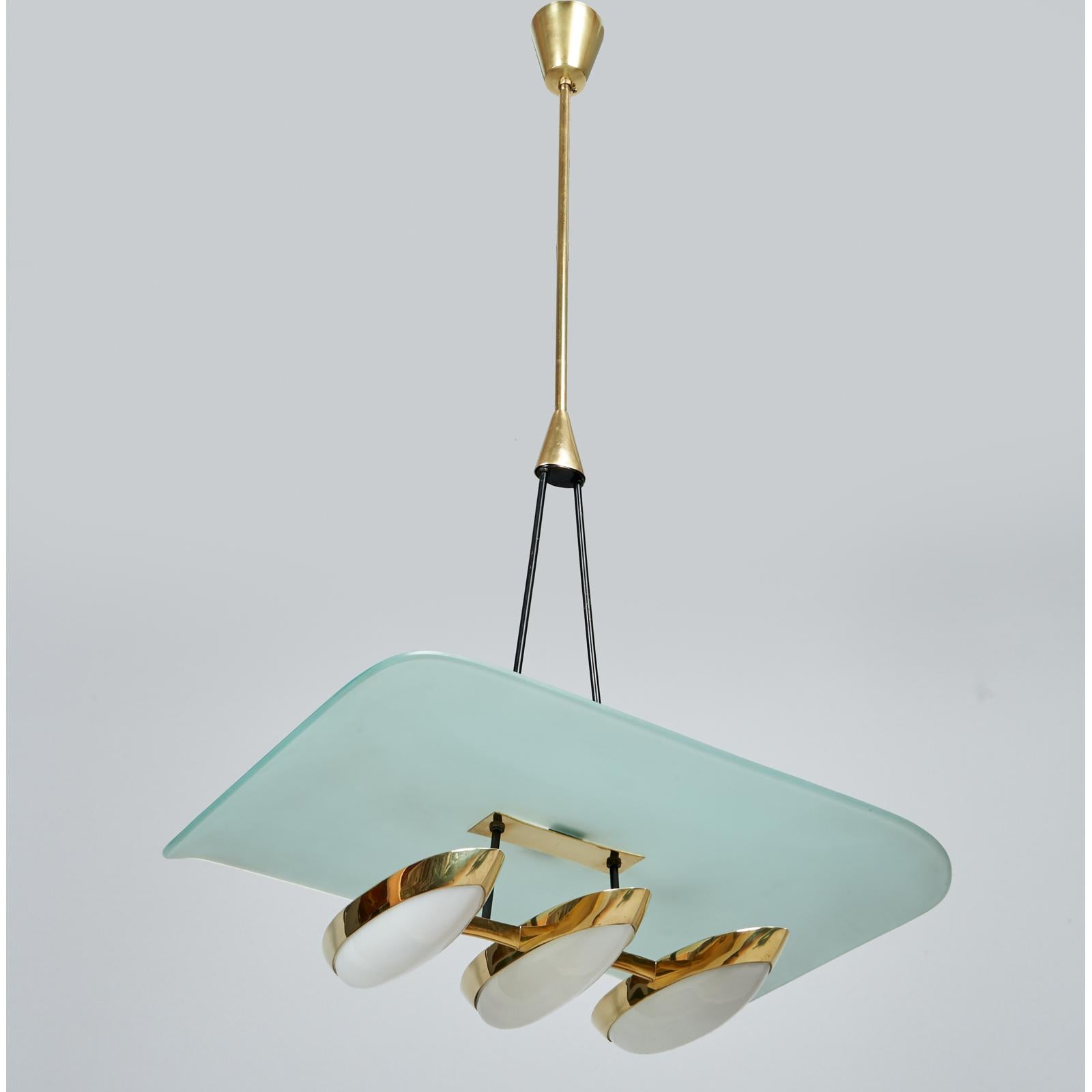 Angelo Lelii (1915–1979) for Arredoluce

A garceful pair of pendant chandeliers by influential Italian designer Angelo Lelii (sometimes spelled Angelo Lelli), Arredoluce's founder. With a floating frosted glass shade soaring like a buoyant sail atop