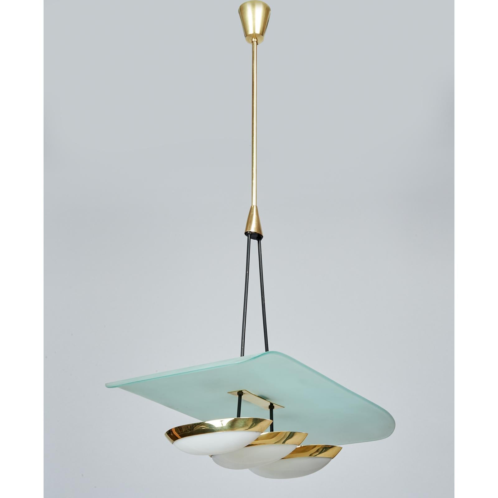 Mid-Century Modern Arredoluce Pair of Glass, Brass and Perspex Pendant Chandeliers, Italy 1950's