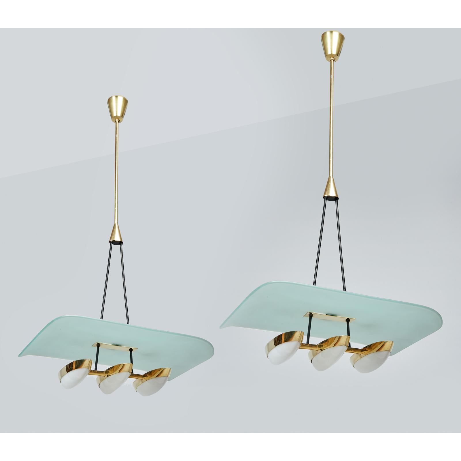Italian Arredoluce Pair of Glass, Brass and Perspex Pendant Chandeliers, Italy 1950's