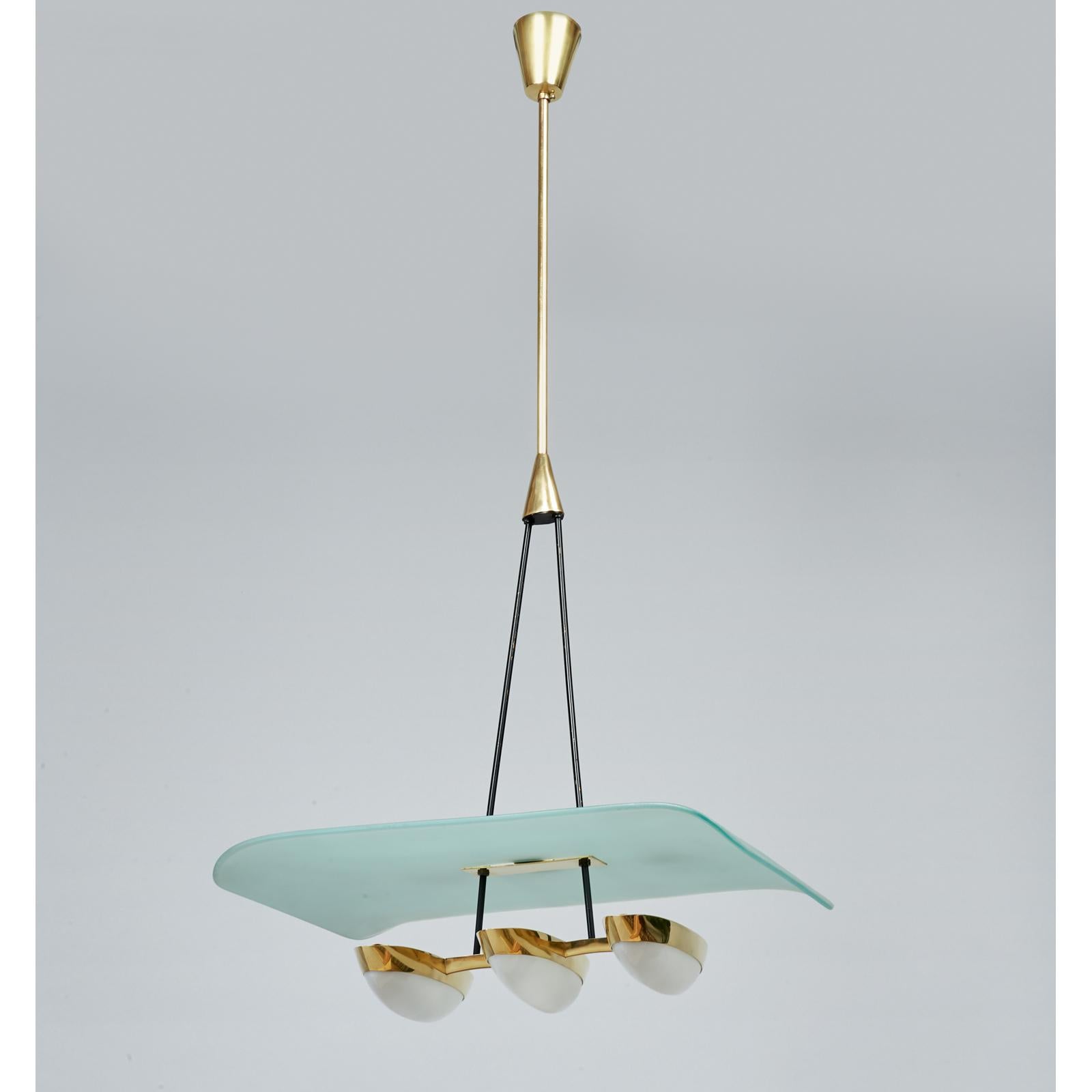 Arredoluce Pair of Glass, Brass and Perspex Pendant Chandeliers, Italy 1950's In Good Condition In New York, NY