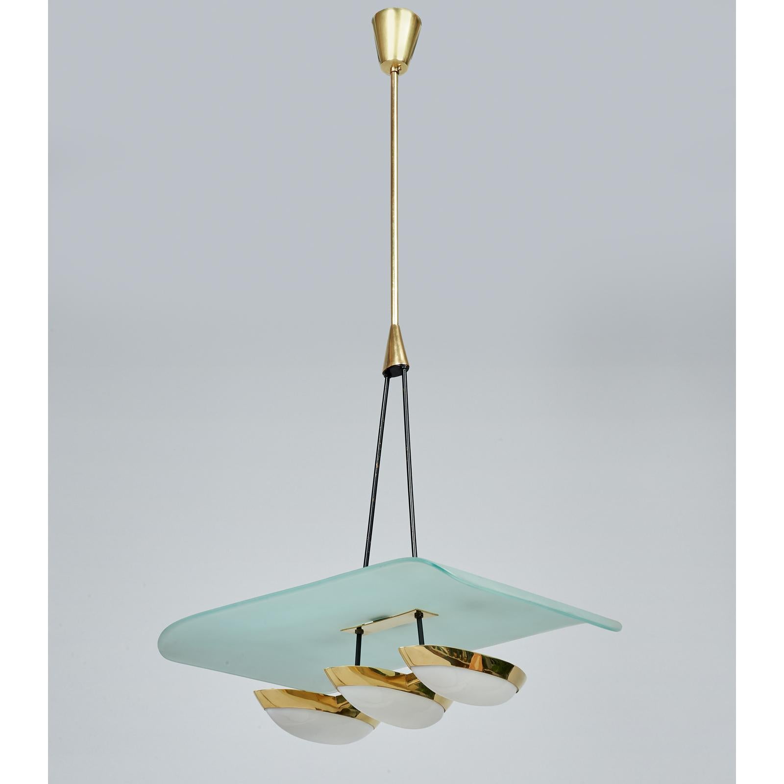 Mid-20th Century Arredoluce Pair of Glass, Brass and Perspex Pendant Chandeliers, Italy 1950's
