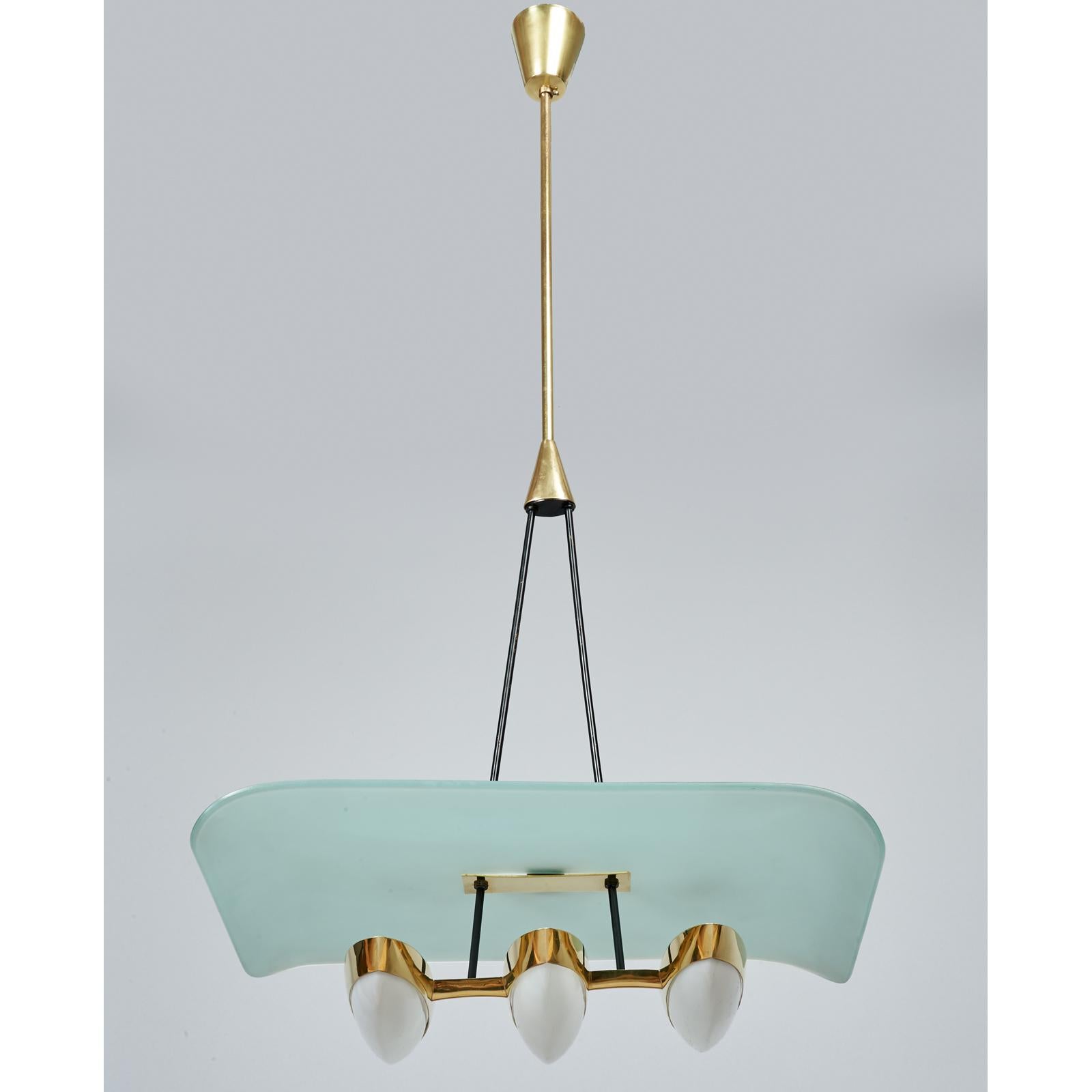 Arredoluce Pair of Glass, Brass and Perspex Pendant Chandeliers, Italy 1950's 1