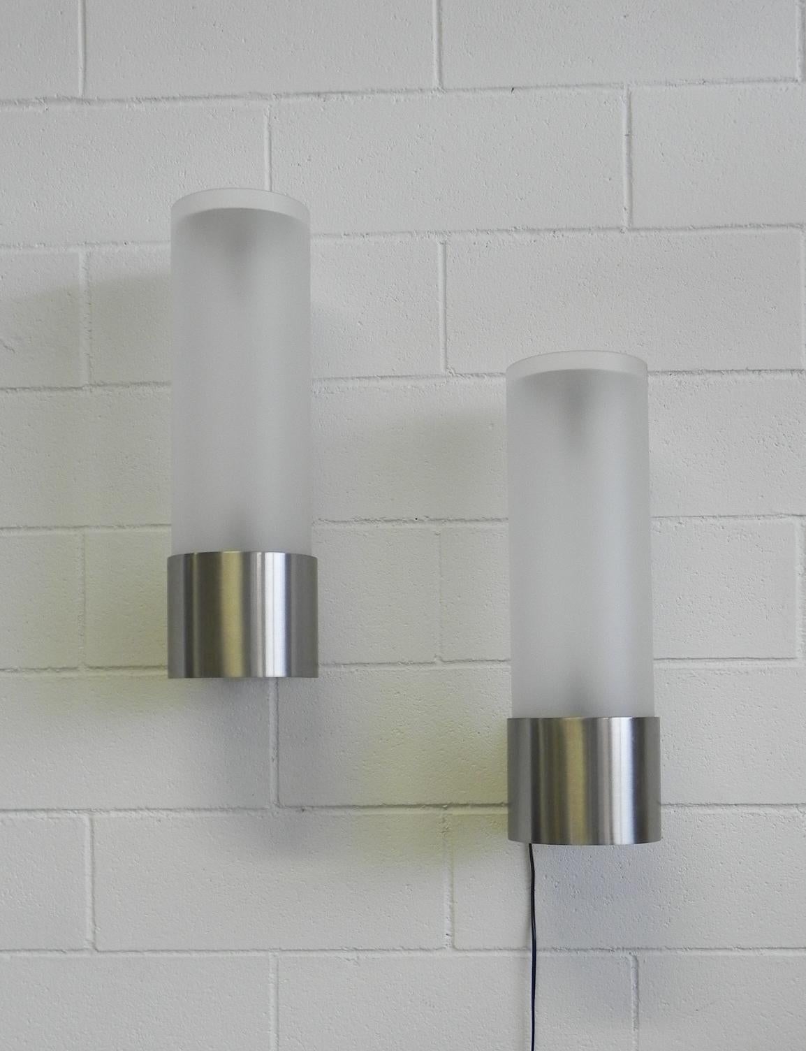 20th Century Arredoluce Pair of Large Wall Lights Nickel Plated Steel, Opaque Glass For Sale