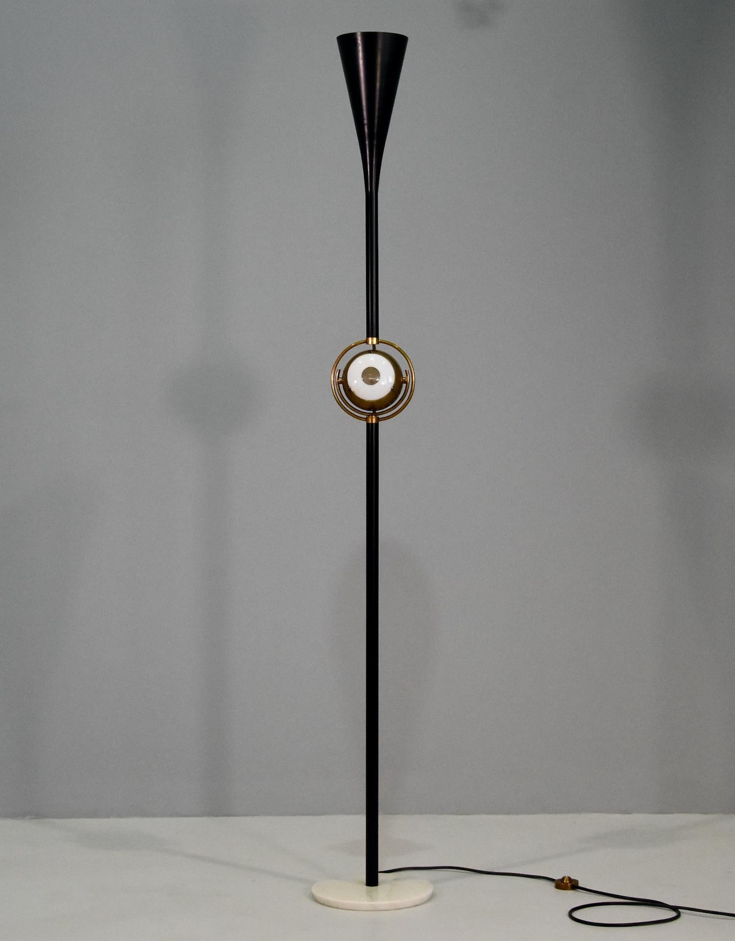 Beautiful and rare floor lamp by Angelo Lelli, Model 12555 Occhio. Metal and brass with marble base. Italy, 1956.