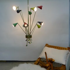 Lampadario a 10 luci Arredoluce, ottone e acciaio smaltato, circa 1952