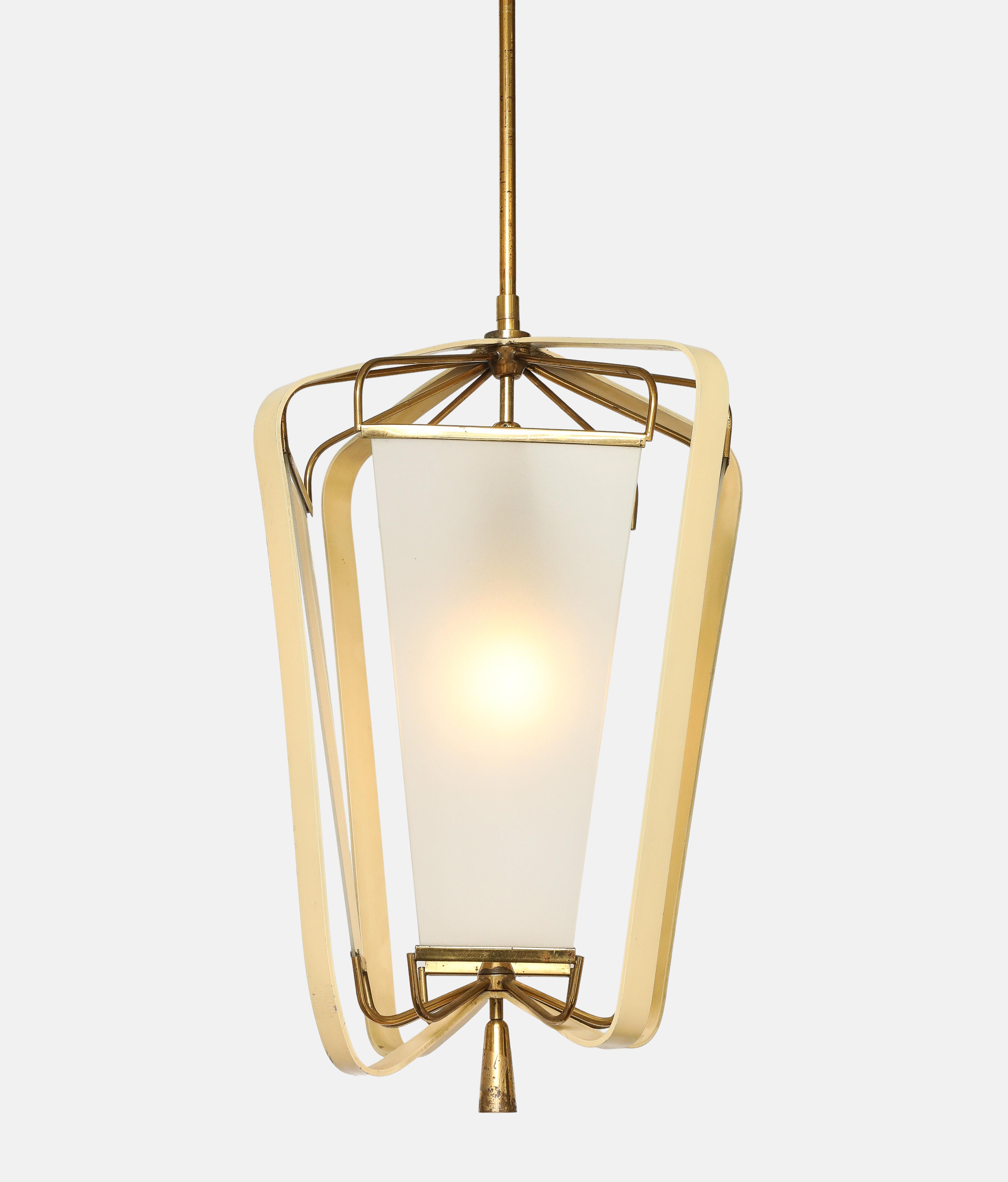 Angelo Lelii for Arredoluce rare lantern pendant ceiling light with brass structure including tapering ivory or cream enameled metal frame and satin or acid-etched glass panel shades ending with decorative brass finial or element, and hung from