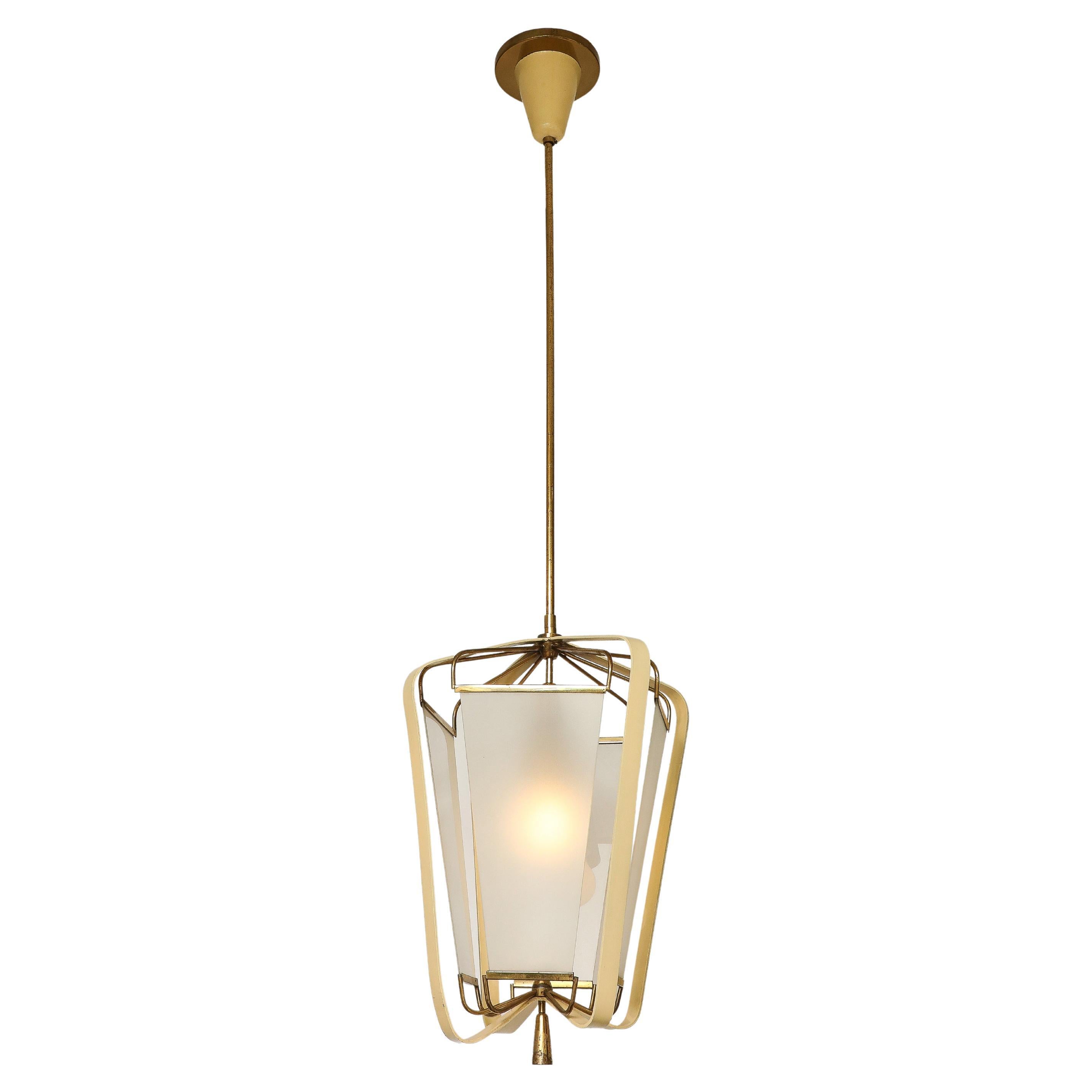 Arredoluce Rare Ivory Lacquer Brass Lantern Pendant Ceiling Light 1950s