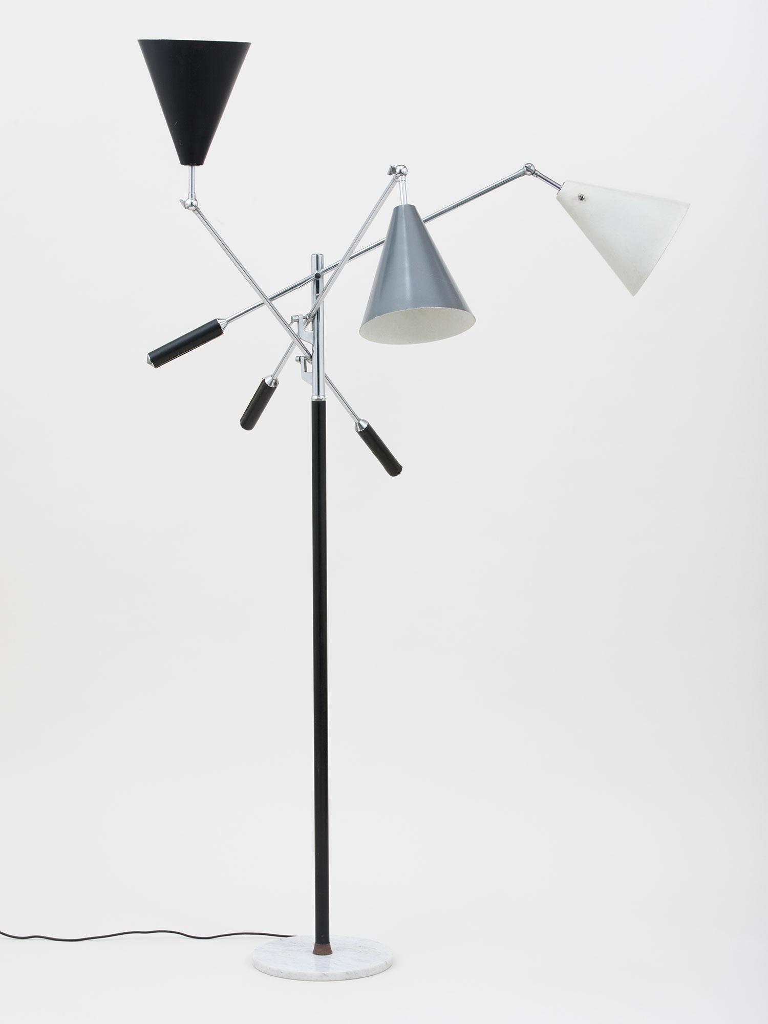 Marble-based version of the iconic 3-arm design from the Milan Triennale of 1951. Features three different enameled metal shades in black, grey and white, along with leather handle grips and chrome-plated, articulating arms.