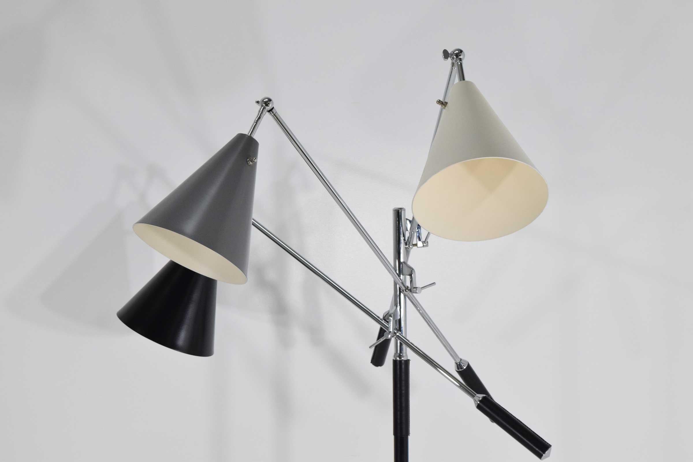 Mid-Century Modern Arredoluce Triennale Three-Arm Chrome Leather and Marble Floor Lamp
