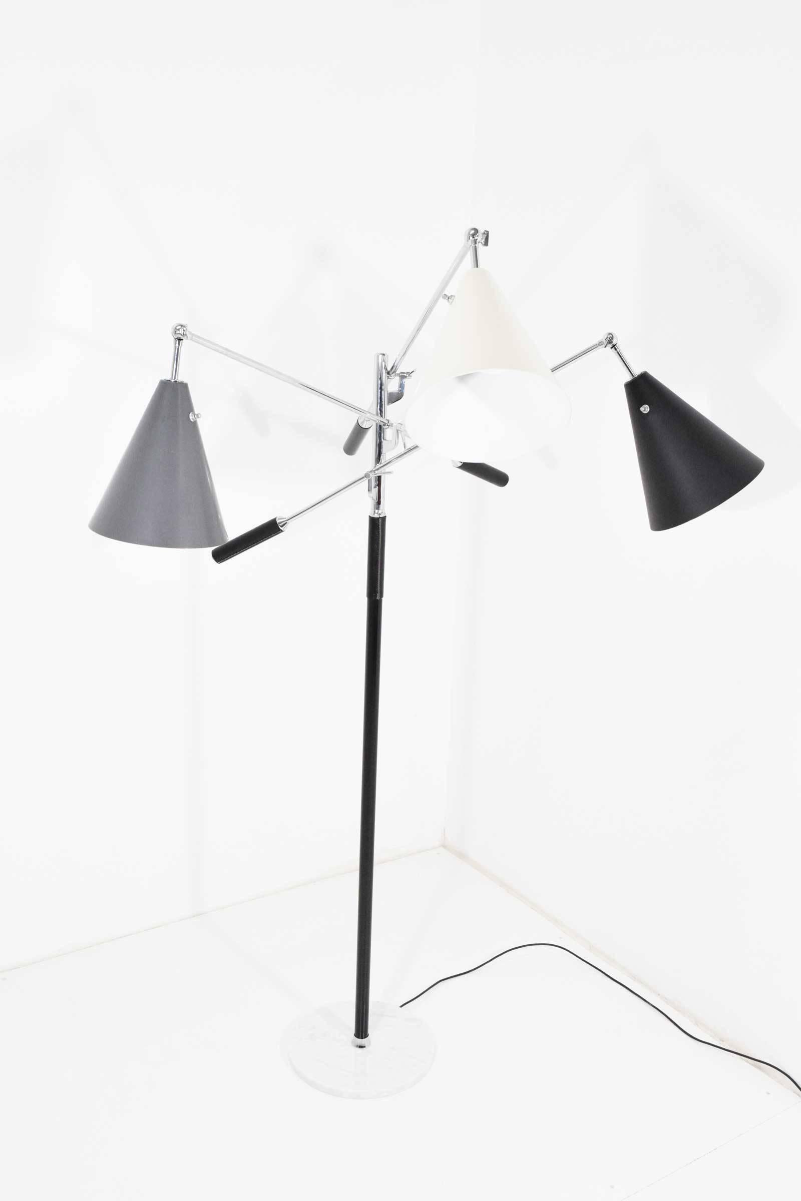 Arredoluce Triennale Three-Arm Chrome Leather and Marble Floor Lamp In Good Condition In Dallas, TX