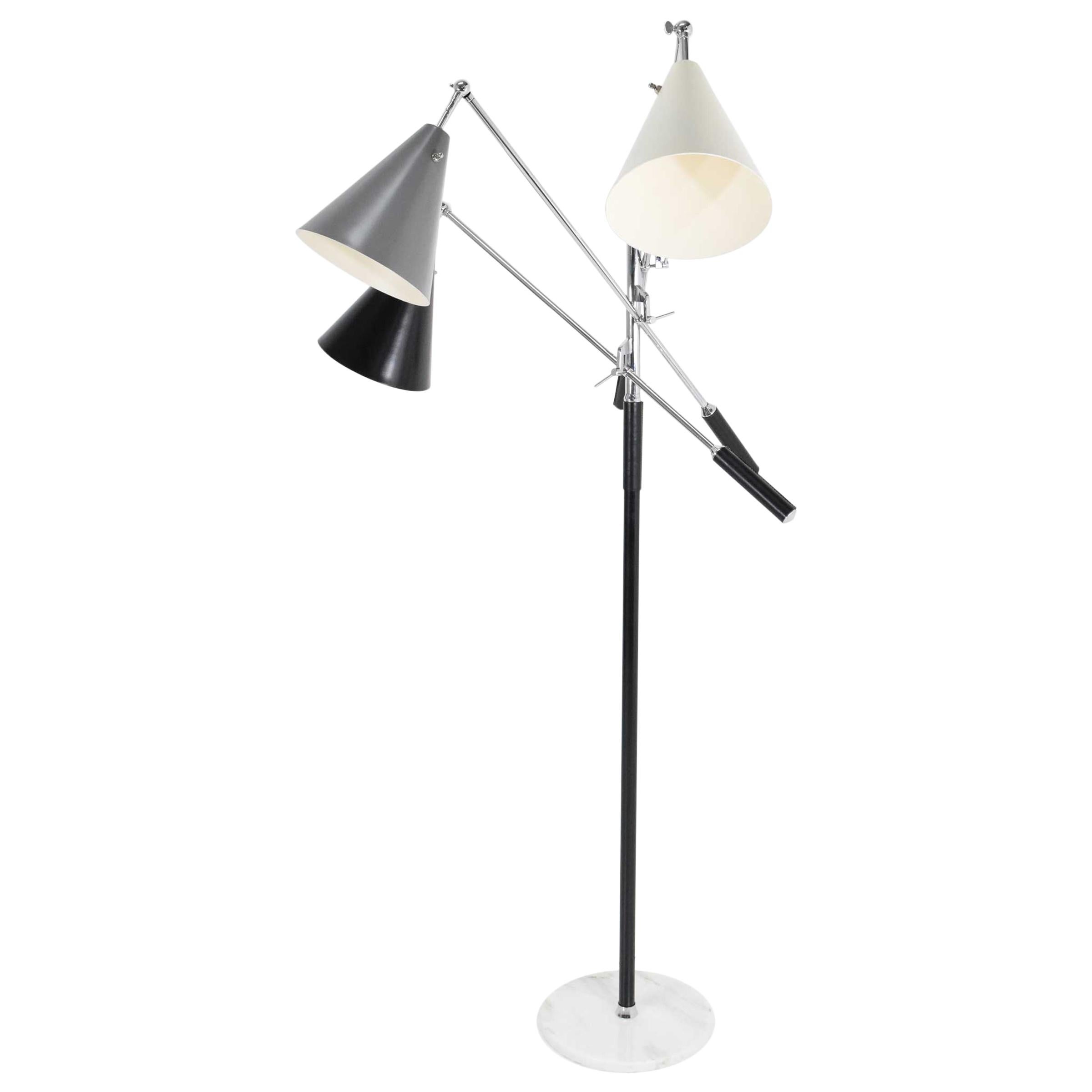 Arredoluce Triennale Three-Arm Chrome Leather and Marble Floor Lamp