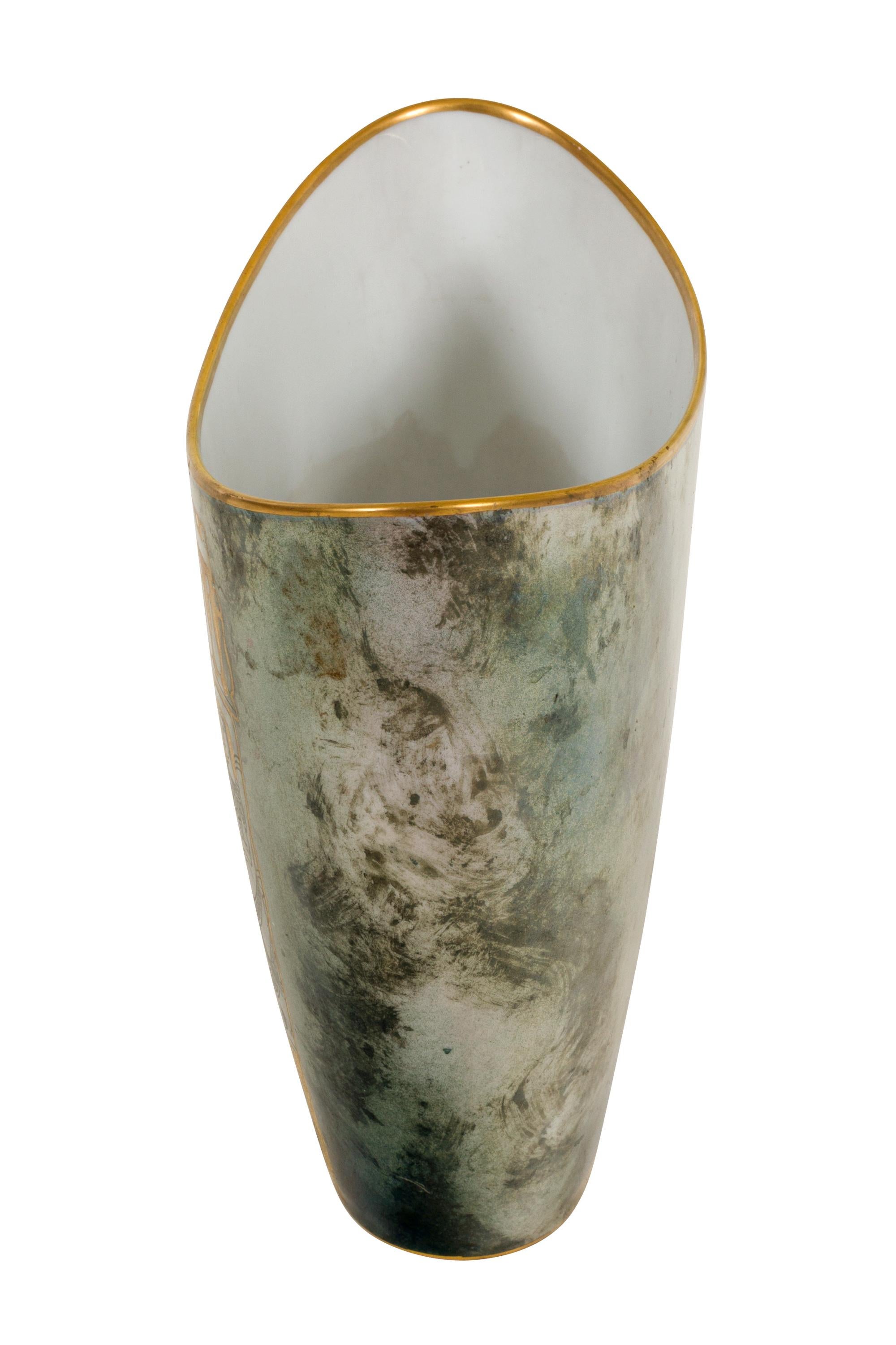 Mid-Century Modern Arrigo Finzi Greco-Roman Motif Gold Porcelain Vase for Oro Zecchino, Italy 1950s
