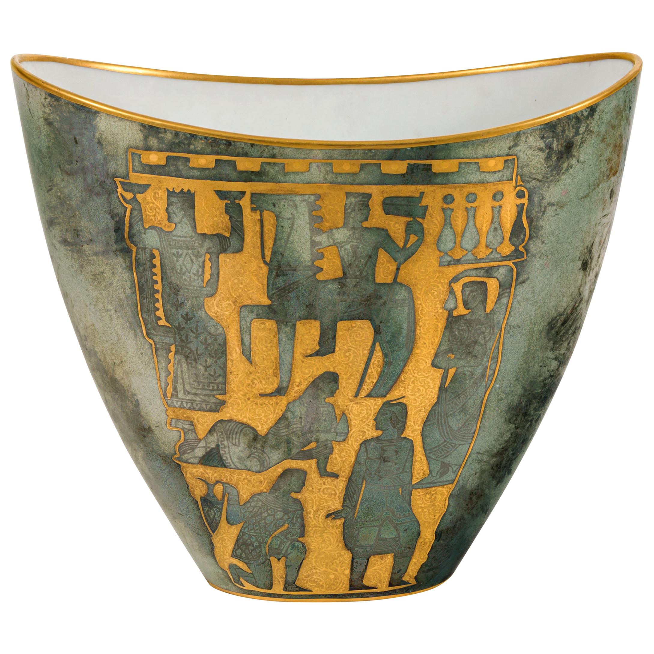 Arrigo Finzi Greco-Roman Motif Gold Porcelain Vase for Oro Zecchino, Italy 1950s