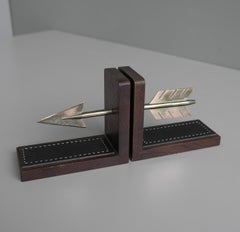 Arrow Brass and Wood Bookends with Hand Stiched Leather, France 1960's
