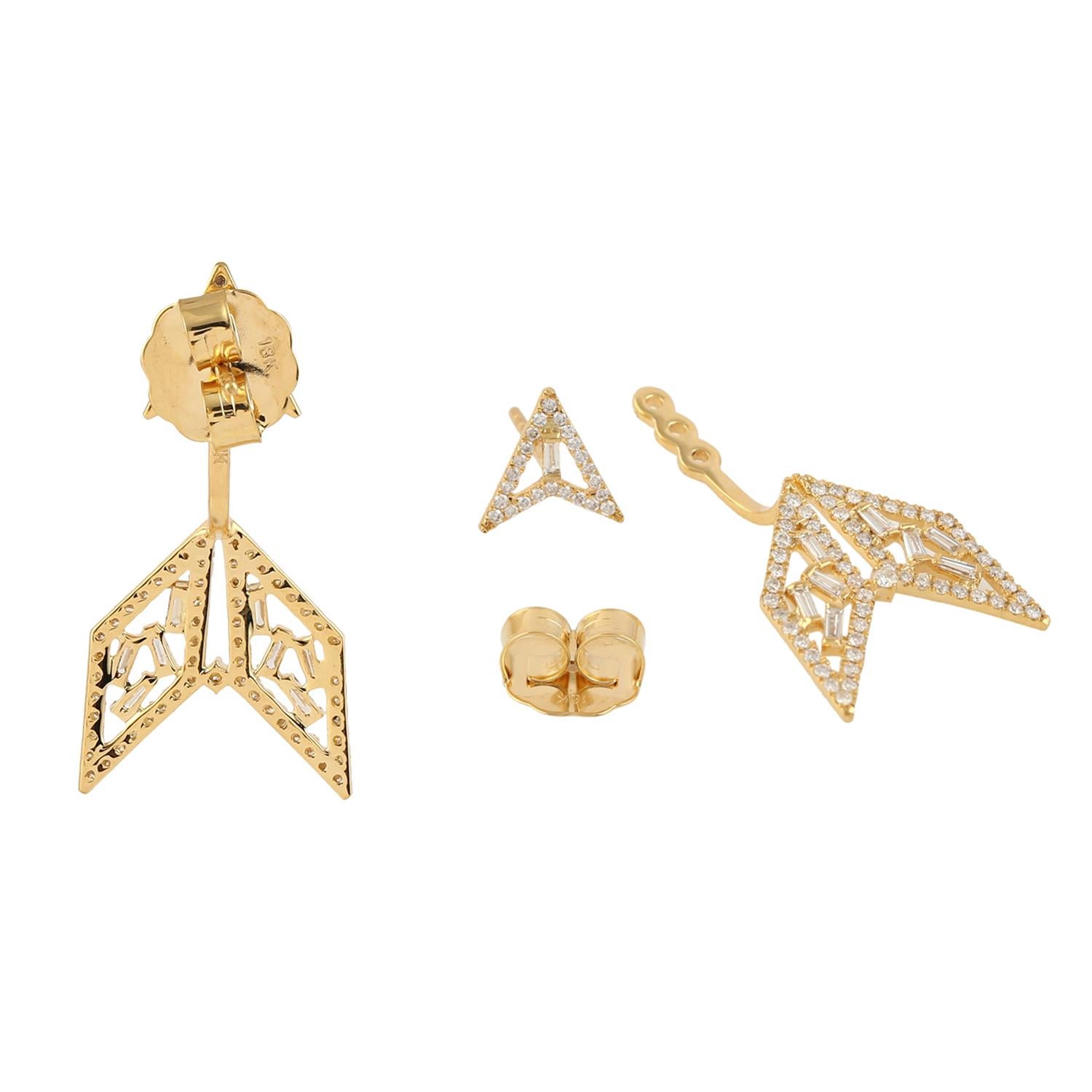 Mixed Cut Arrow Design Ear Jacket with Diamonds Made in 18k Yellow Gold For Sale