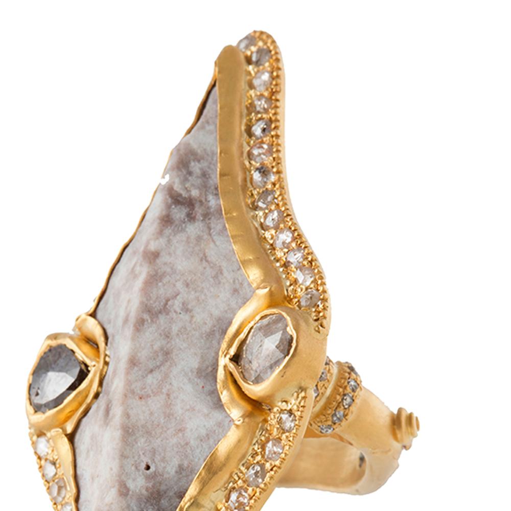 Arrowhead and Long Bow Ring Set in 20 karat Yellow Gold with 19.34-carat Agate and 6.59-carat Multi-color Diamonds. This Ring has 2.17-carat White Diamonds and is part of COOMI's Antiquity Collection. The Antiquity Collection is inspired by the rich