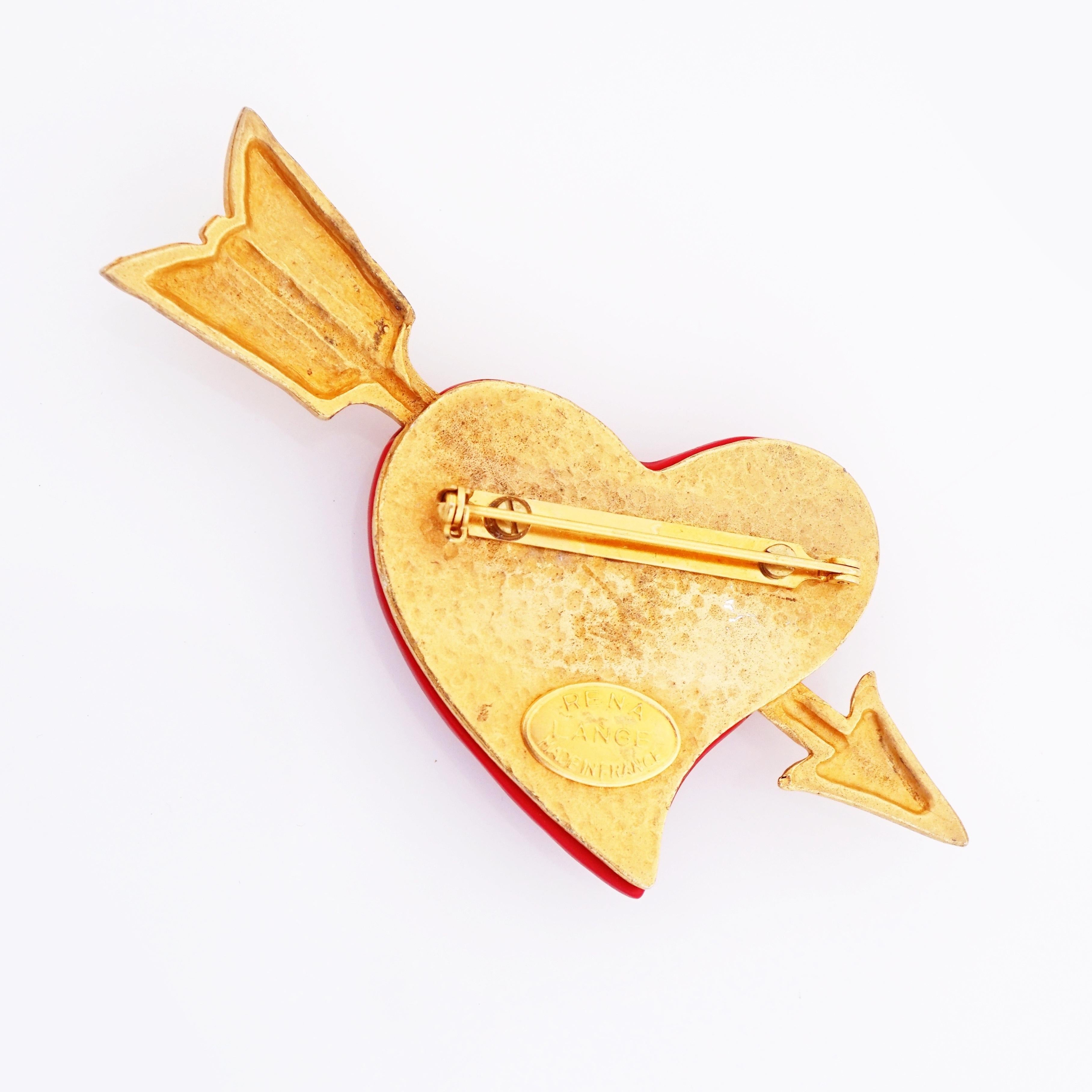 Modern Arrow Pierced Red Heart Brooch By Rena Lange, 1990s