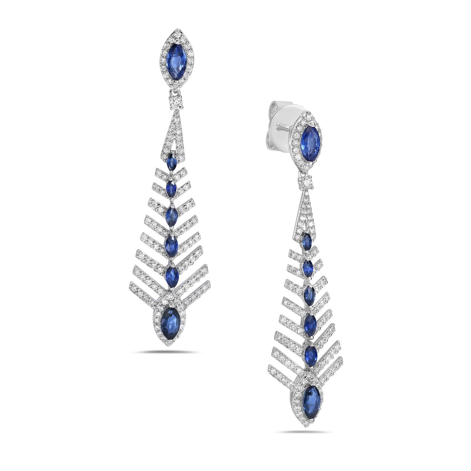 Art Deco Arrow Shaped Blue Sapphire & Diamonds Dangle Earrings Made In 18k White Gold For Sale